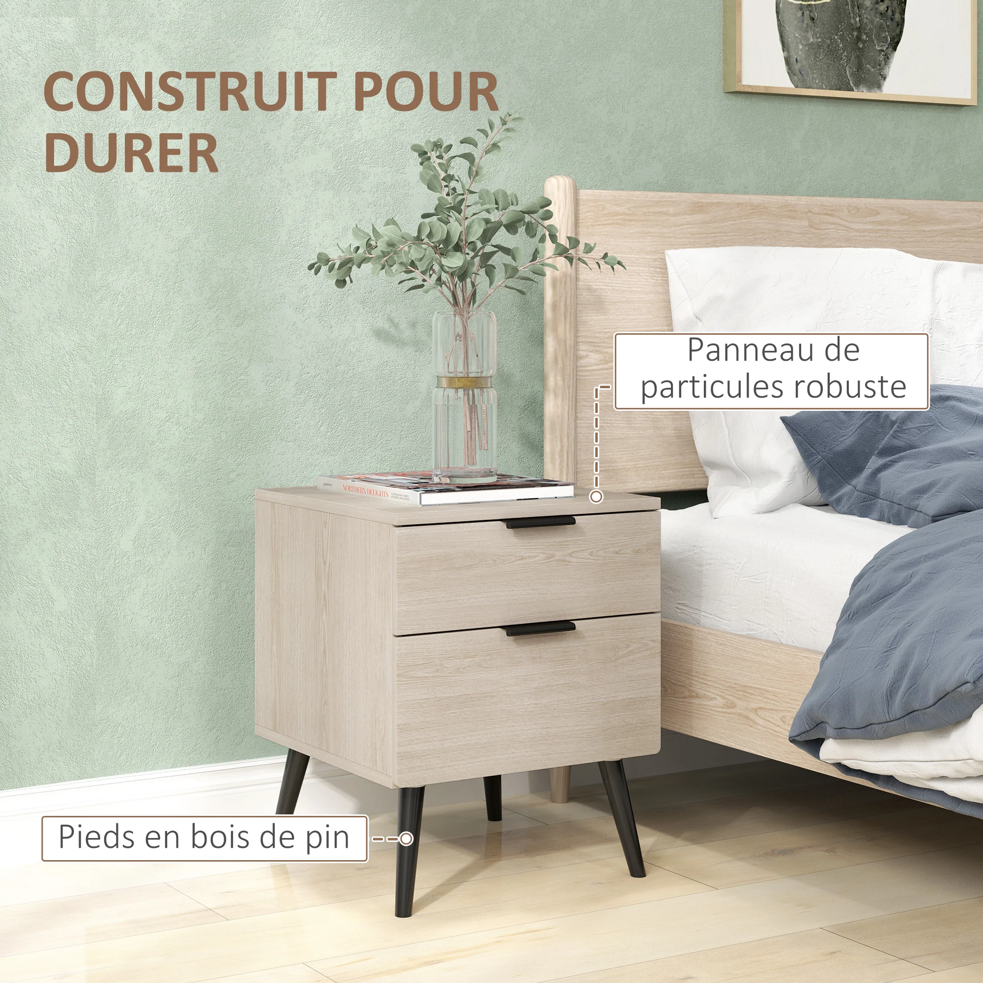 Lot de 2 tables de chevet, table de nuit, style nordique moderne, avec tiroir à deux niveaux, pieds en bois massif, pour chambre à coucher, salon, effet bois de chêne - Image 7