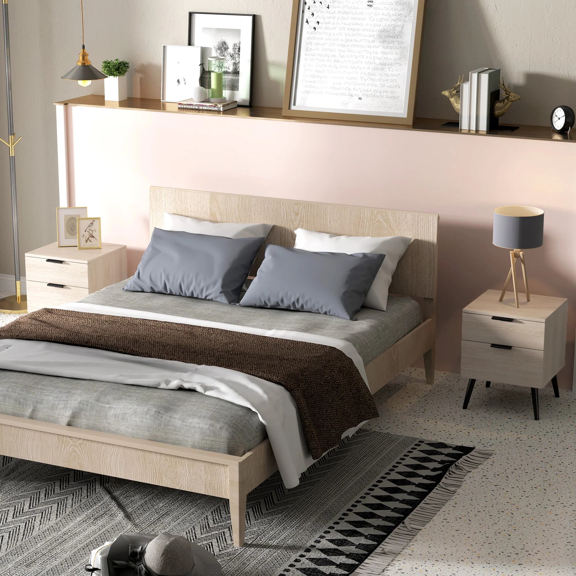 Lot de 2 tables de chevet, table de nuit, style nordique moderne, avec tiroir à deux niveaux, pieds en bois massif, pour chambre à coucher, salon, effet bois de chêne - Image 9