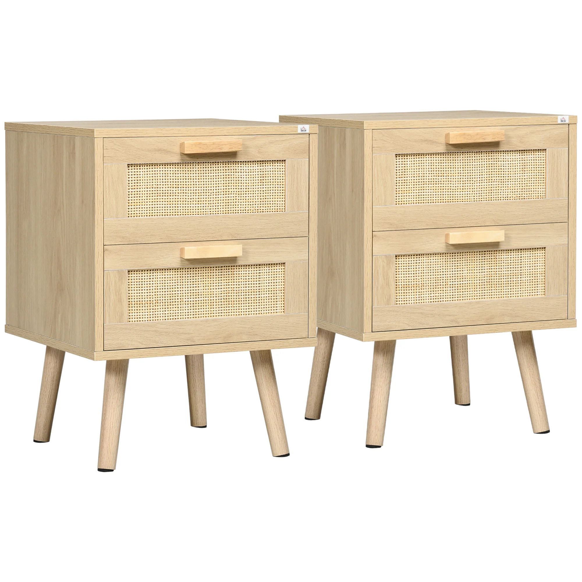 Lot de 2 tables de chevet, tables d'appoint, 2 tiroirs avec fa?ades aspect cannage rotin, style bohème, tables de nuit, pieds en bois de pin, naturel - Image 11