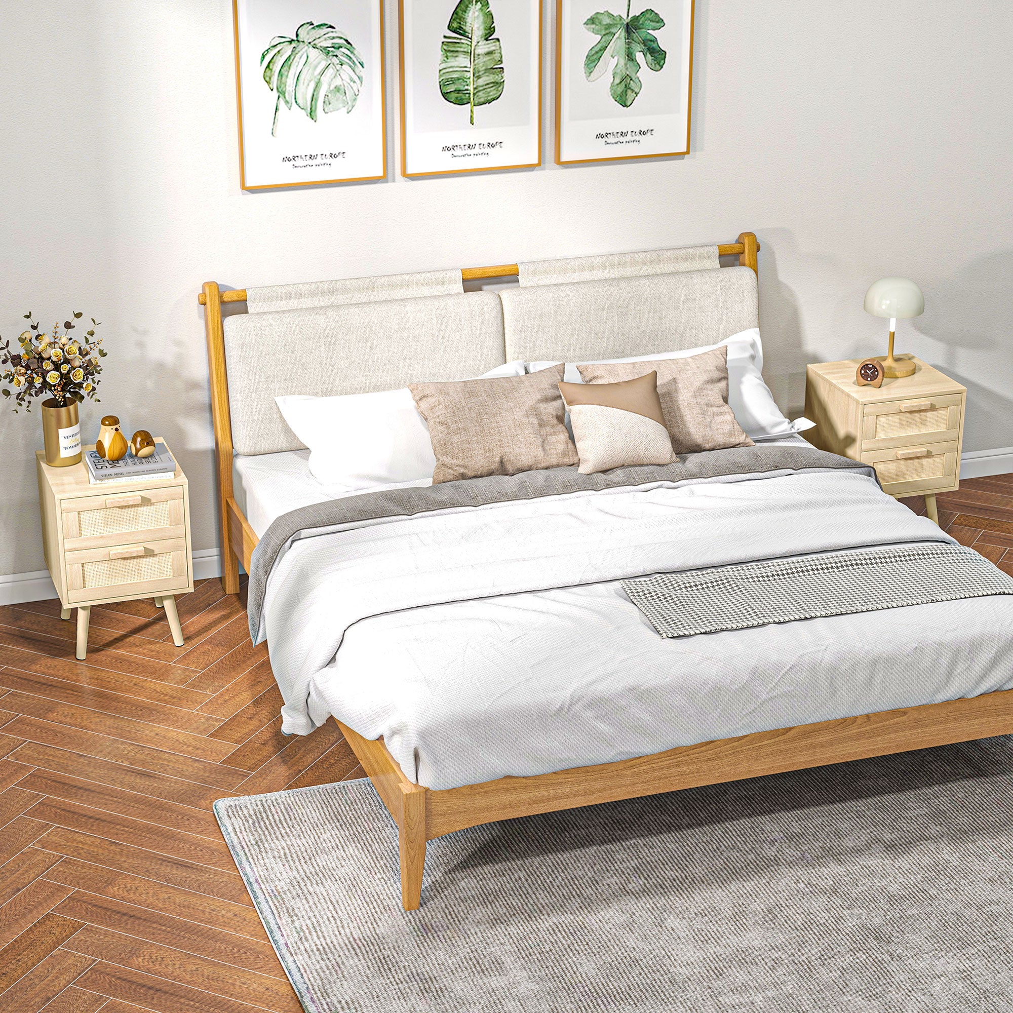 Lot de 2 tables de chevet, tables d'appoint, 2 tiroirs avec fa?ades aspect cannage rotin, style bohème, tables de nuit, pieds en bois de pin, naturel - Image 3