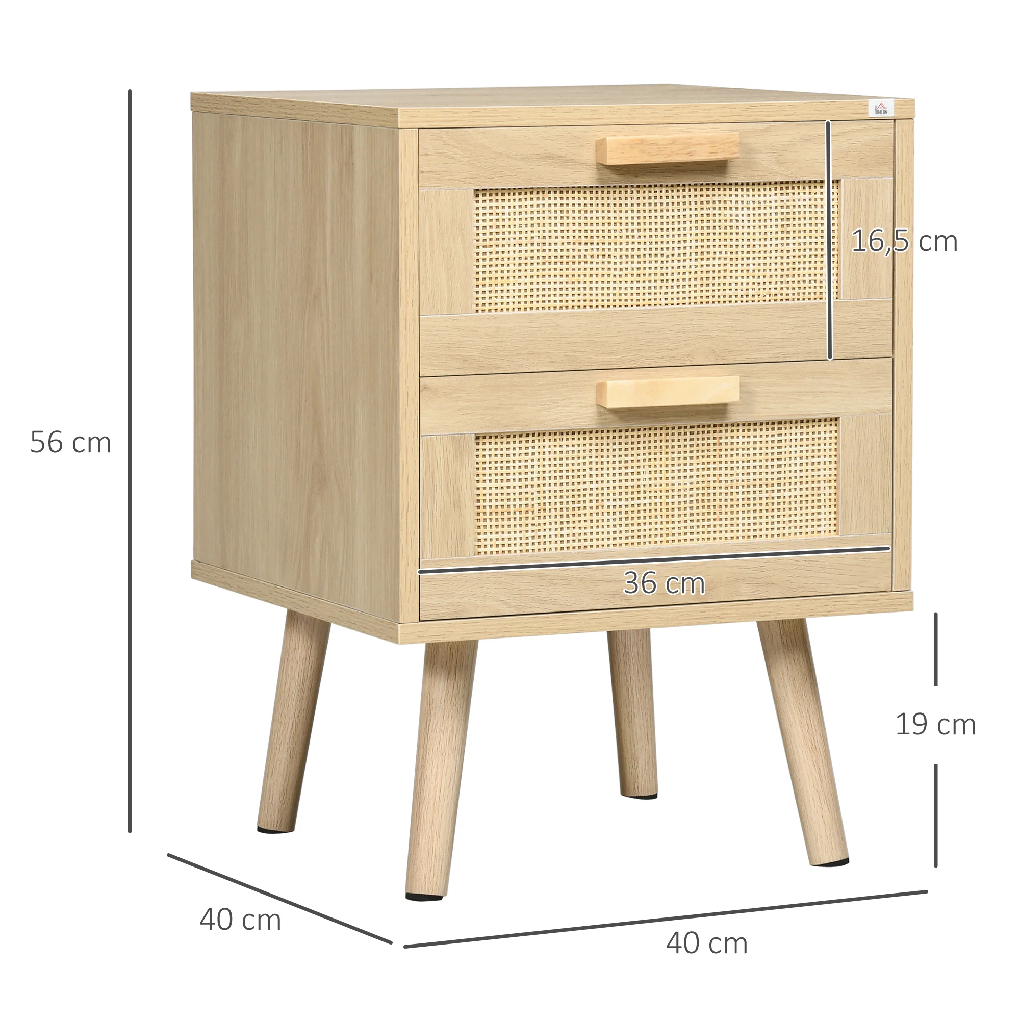 Lot de 2 tables de chevet, tables d'appoint, 2 tiroirs avec fa?ades aspect cannage rotin, style bohème, tables de nuit, pieds en bois de pin, naturel - Image 4