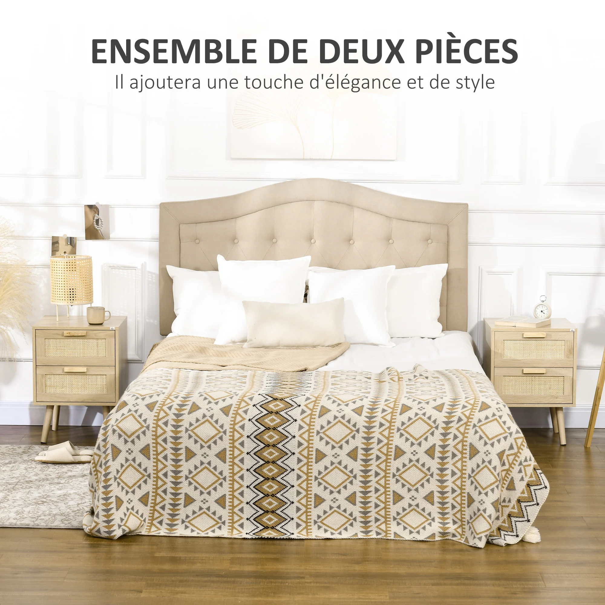 Lot de 2 tables de chevet, tables d'appoint, 2 tiroirs avec fa?ades aspect cannage rotin, style bohème, tables de nuit, pieds en bois de pin, naturel - Image 5