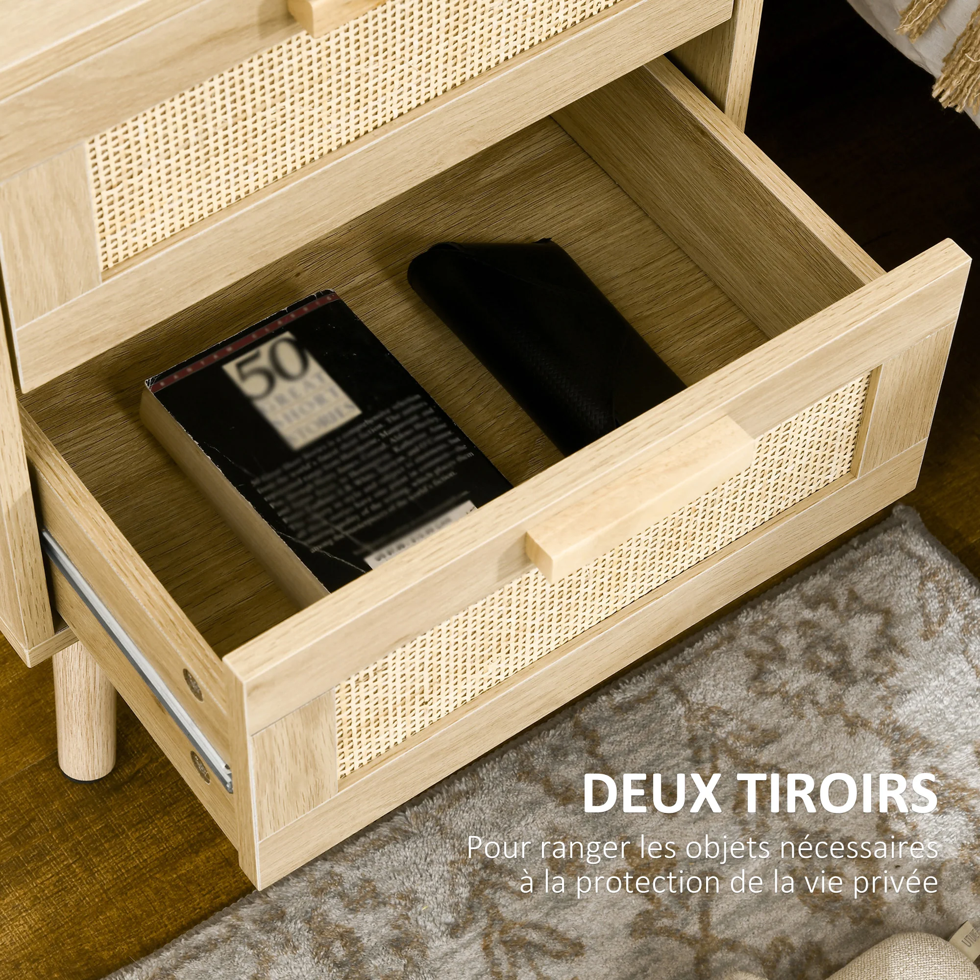 Lot de 2 tables de chevet, tables d'appoint, 2 tiroirs avec fa?ades aspect cannage rotin, style bohème, tables de nuit, pieds en bois de pin, naturel - Image 6