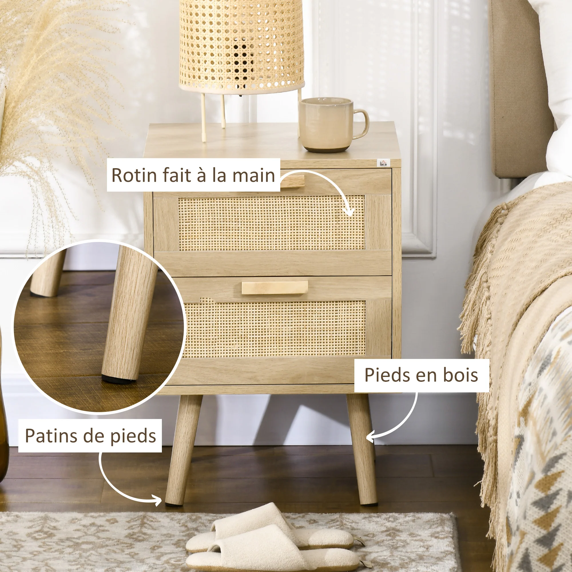 Lot de 2 tables de chevet, tables d'appoint, 2 tiroirs avec fa?ades aspect cannage rotin, style bohème, tables de nuit, pieds en bois de pin, naturel - Image 7