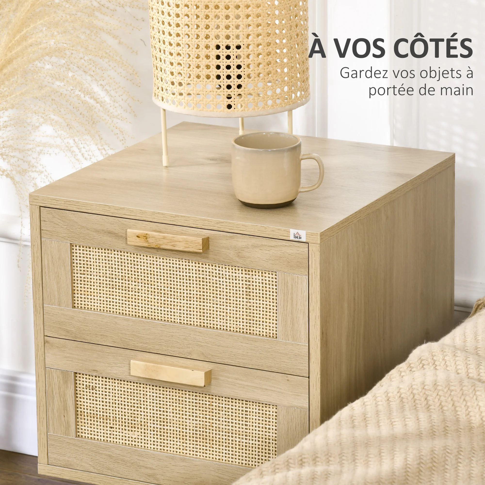 Lot de 2 tables de chevet, tables d'appoint, 2 tiroirs avec fa?ades aspect cannage rotin, style bohème, tables de nuit, pieds en bois de pin, naturel - Image 8