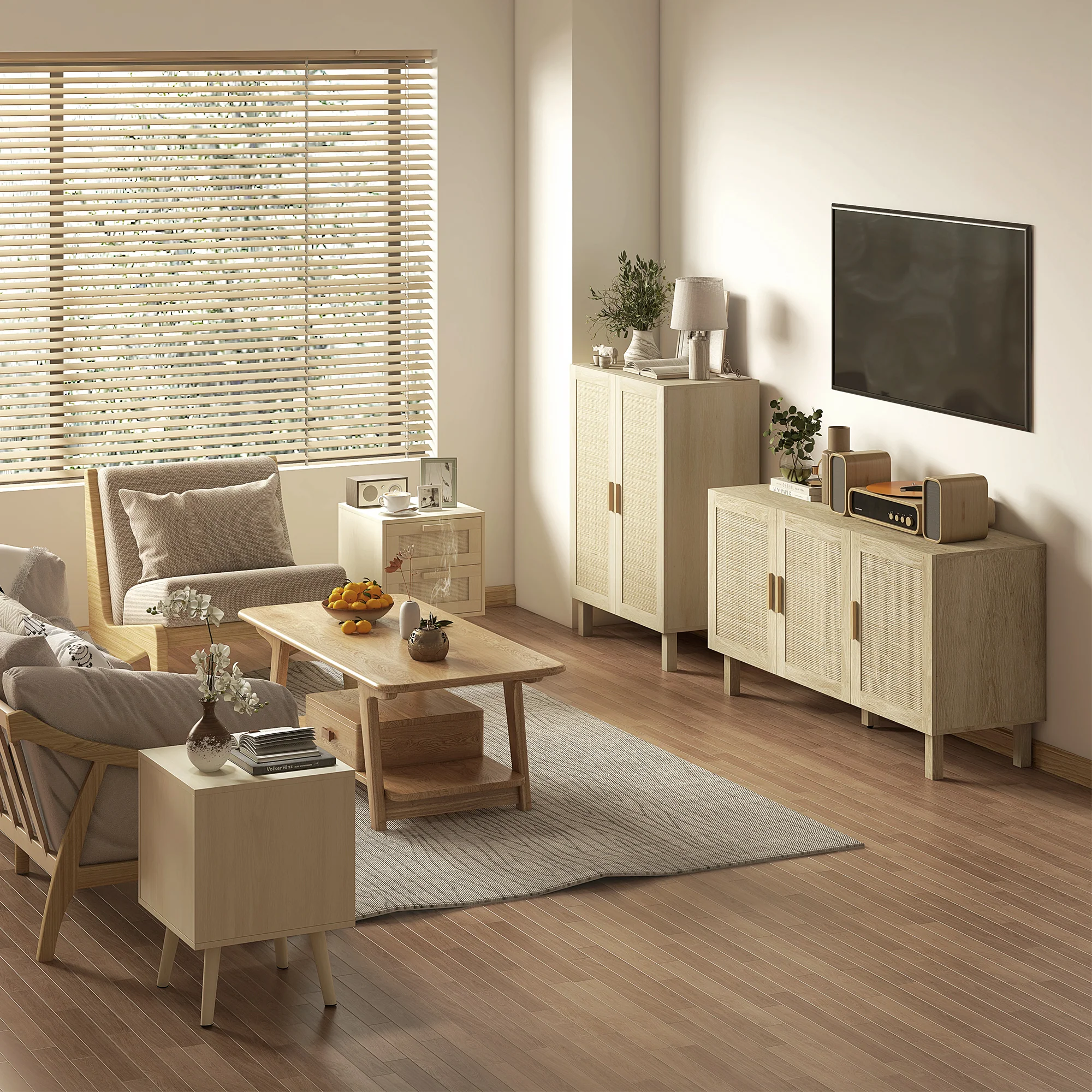 Lot de 2 tables de chevet, tables d'appoint, 2 tiroirs avec fa?ades aspect cannage rotin, style bohème, tables de nuit, pieds en bois de pin, naturel - Image 9