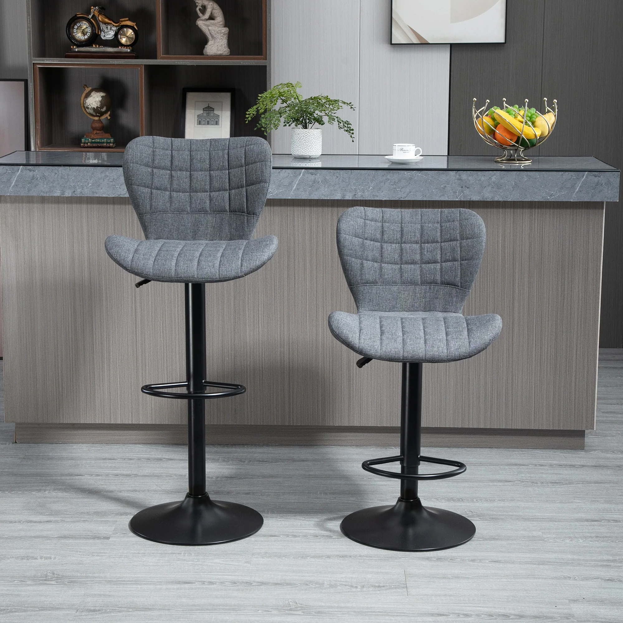 Lot de 2 Tabouret de Bar Design Dossier incurvé capitonné Hauteur d'assise réglable 61-81 cm pivotant 360° Repose-Pied Velours Gris - Image 5