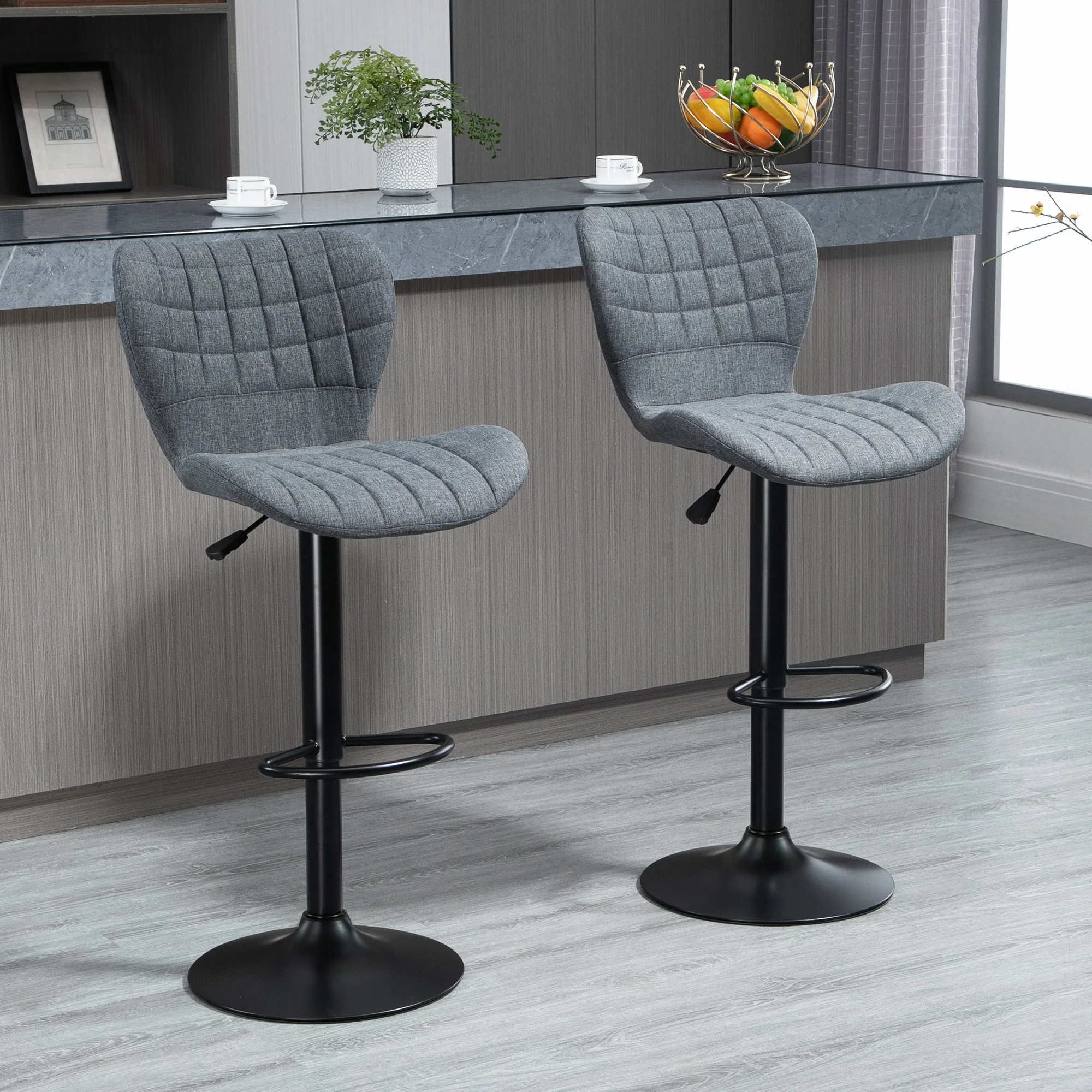 Lot de 2 Tabouret de Bar Design Dossier incurvé capitonné Hauteur d'assise réglable 61-81 cm pivotant 360° Repose-Pied Velours Gris - Image 9