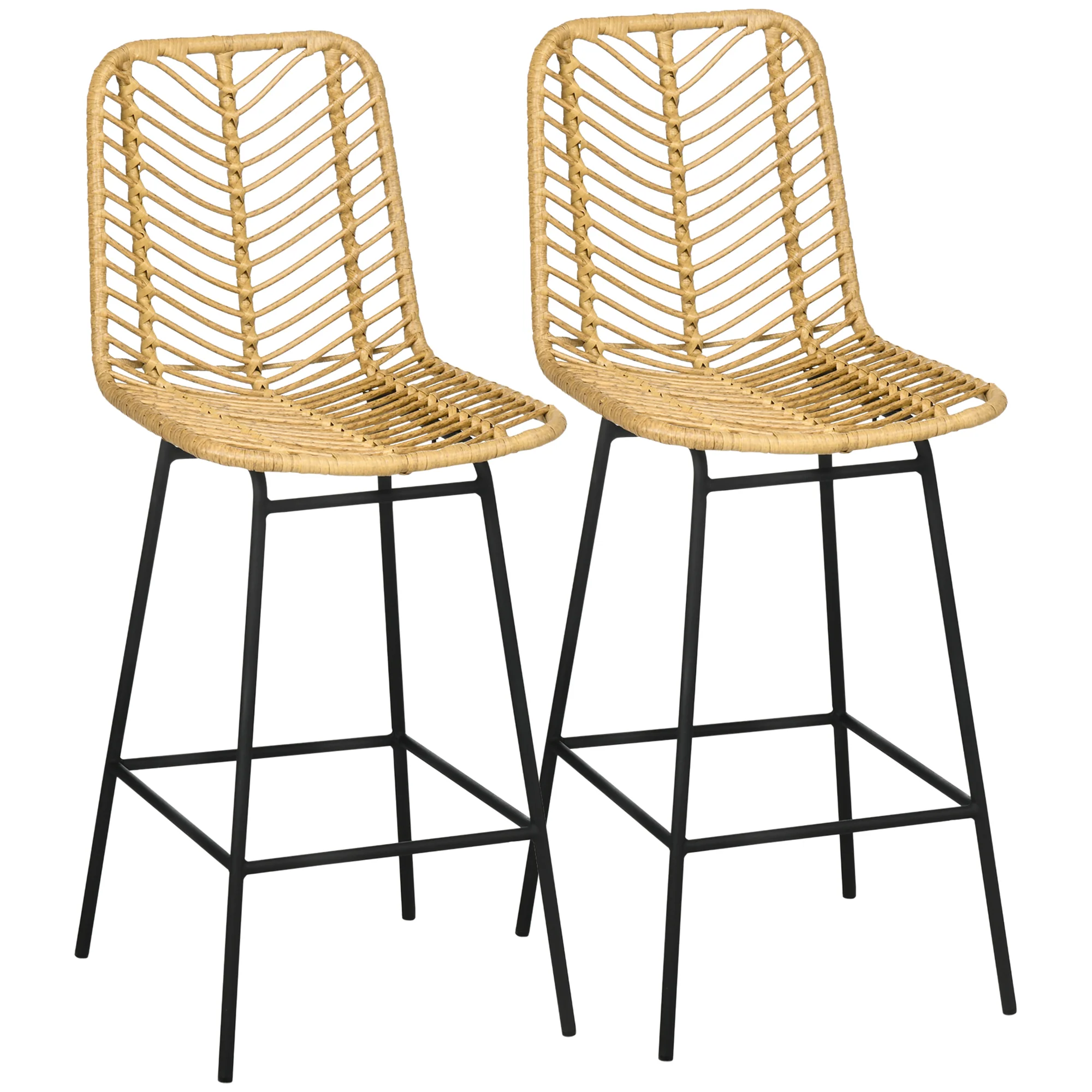 Lot de 2 tabourets de bar chaise de bar design bohème Hauteur 66 cm avec repose-pieds métal et dossier cannage - naturel - Image 11