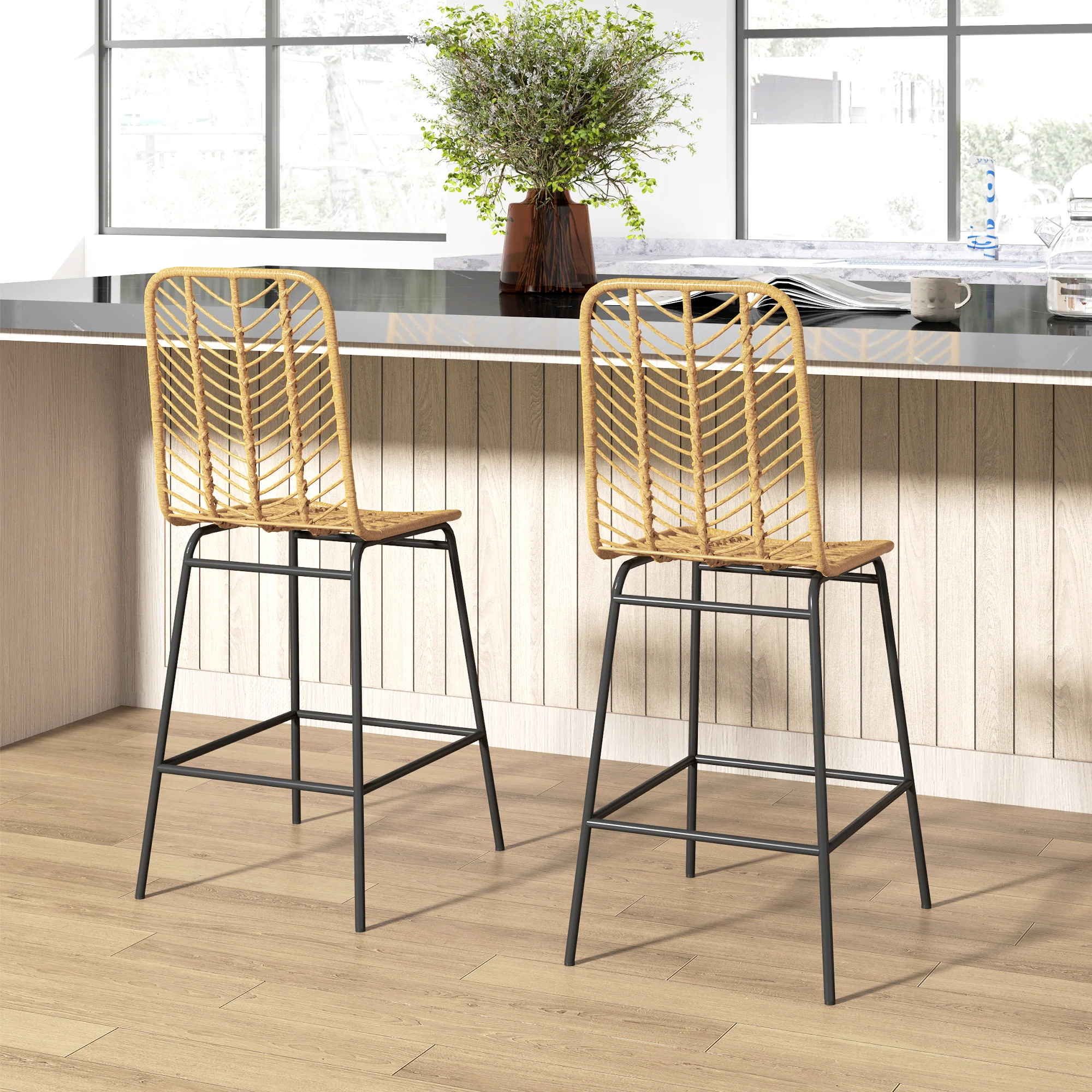 Lot de 2 tabourets de bar chaise de bar design bohème Hauteur 66 cm avec repose-pieds métal et dossier cannage - naturel - Image 3
