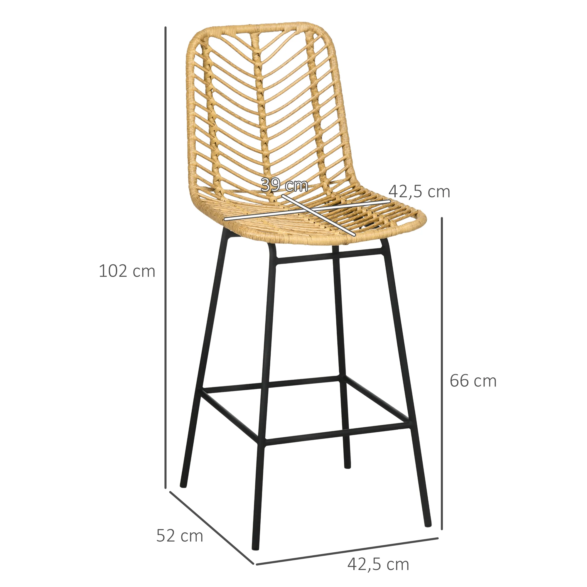 Lot de 2 tabourets de bar chaise de bar design bohème Hauteur 66 cm avec repose-pieds métal et dossier cannage - naturel - Image 4