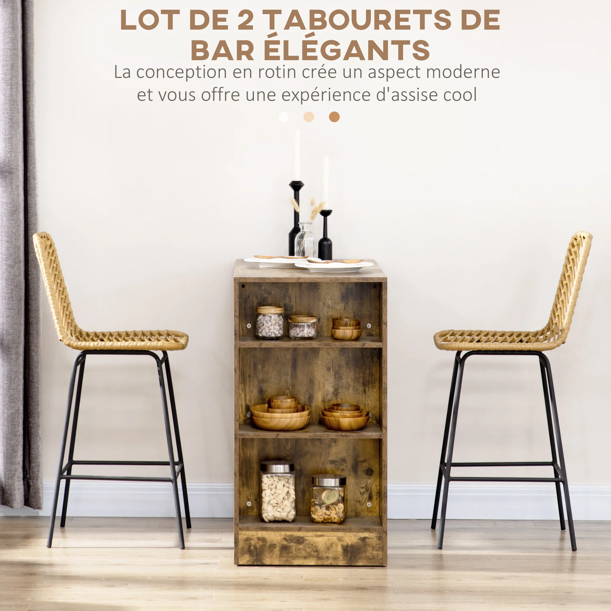 Lot de 2 tabourets de bar chaise de bar design bohème Hauteur 66 cm avec repose-pieds métal et dossier cannage - naturel - Image 5