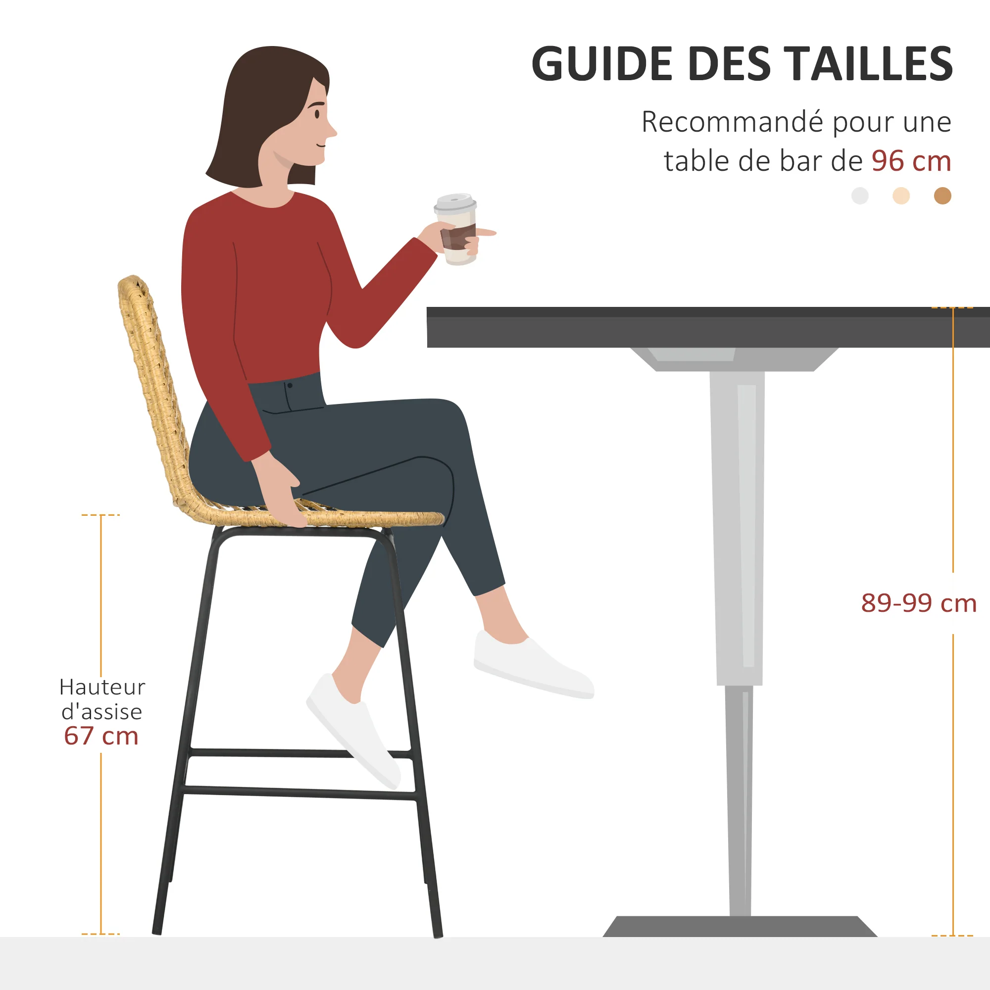 Lot de 2 tabourets de bar chaise de bar design bohème Hauteur 66 cm avec repose-pieds métal et dossier cannage - naturel - Image 7