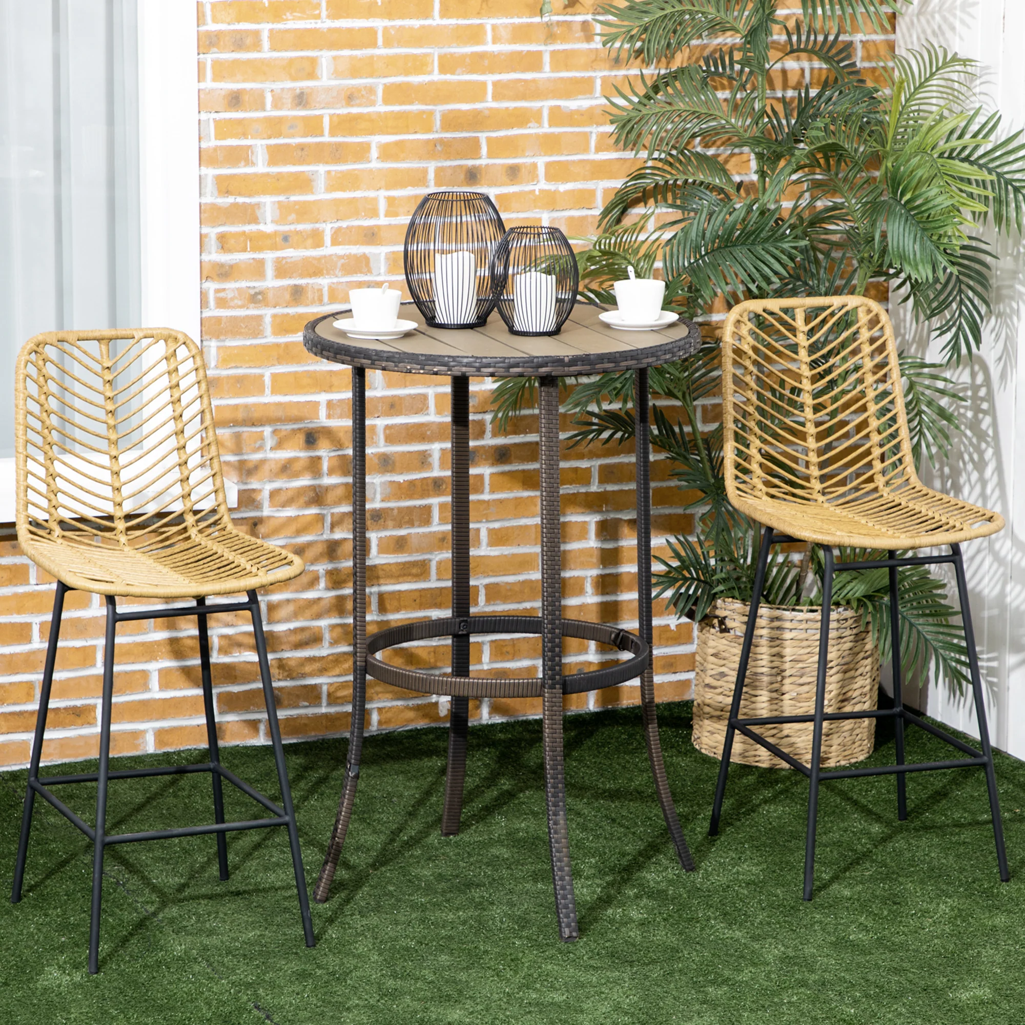 Lot de 2 tabourets de bar chaise de bar design bohème Hauteur 66 cm avec repose-pieds métal et dossier cannage - naturel - Image 8