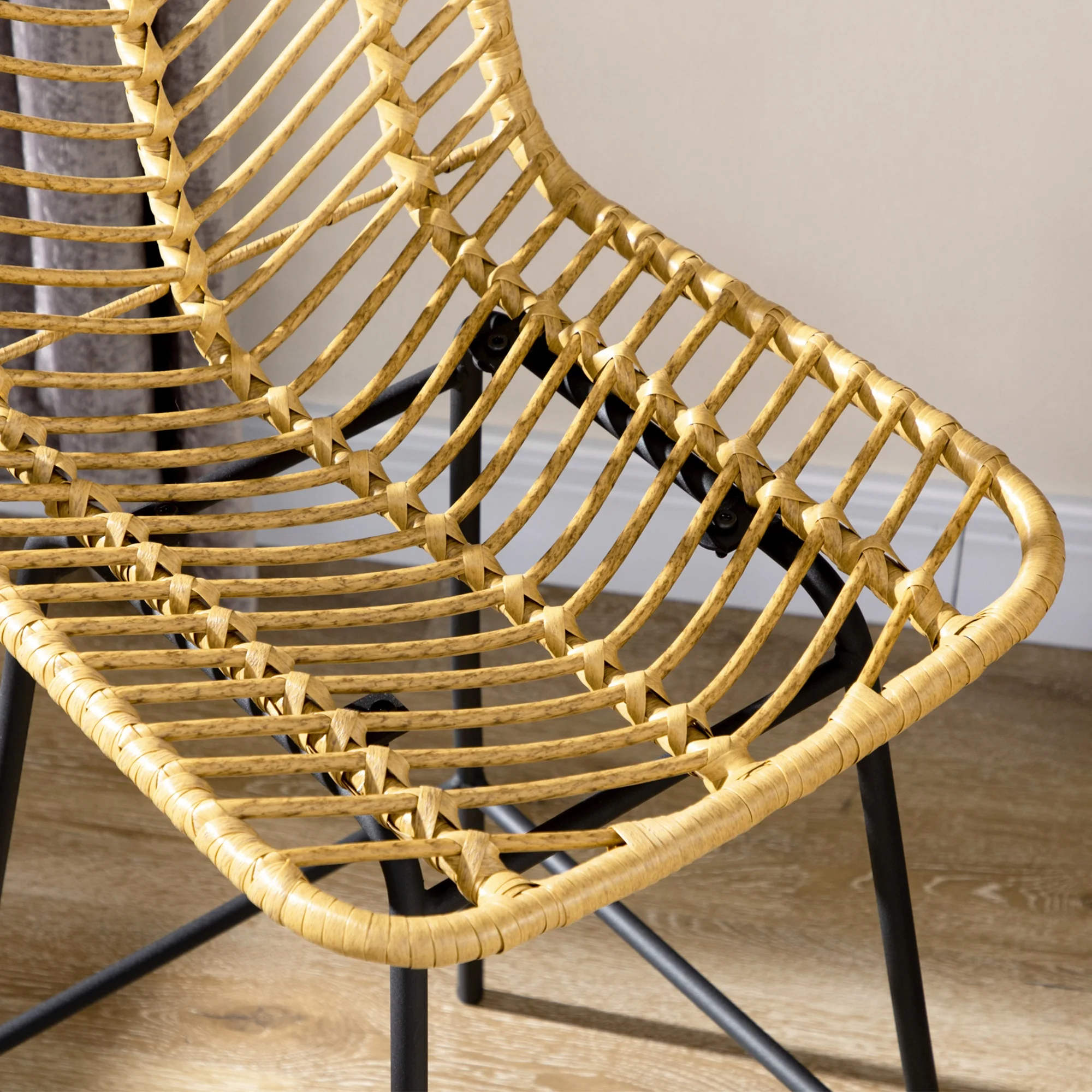 Lot de 2 tabourets de bar chaise de bar design bohème Hauteur 66 cm avec repose-pieds métal et dossier cannage - naturel - Image 9
