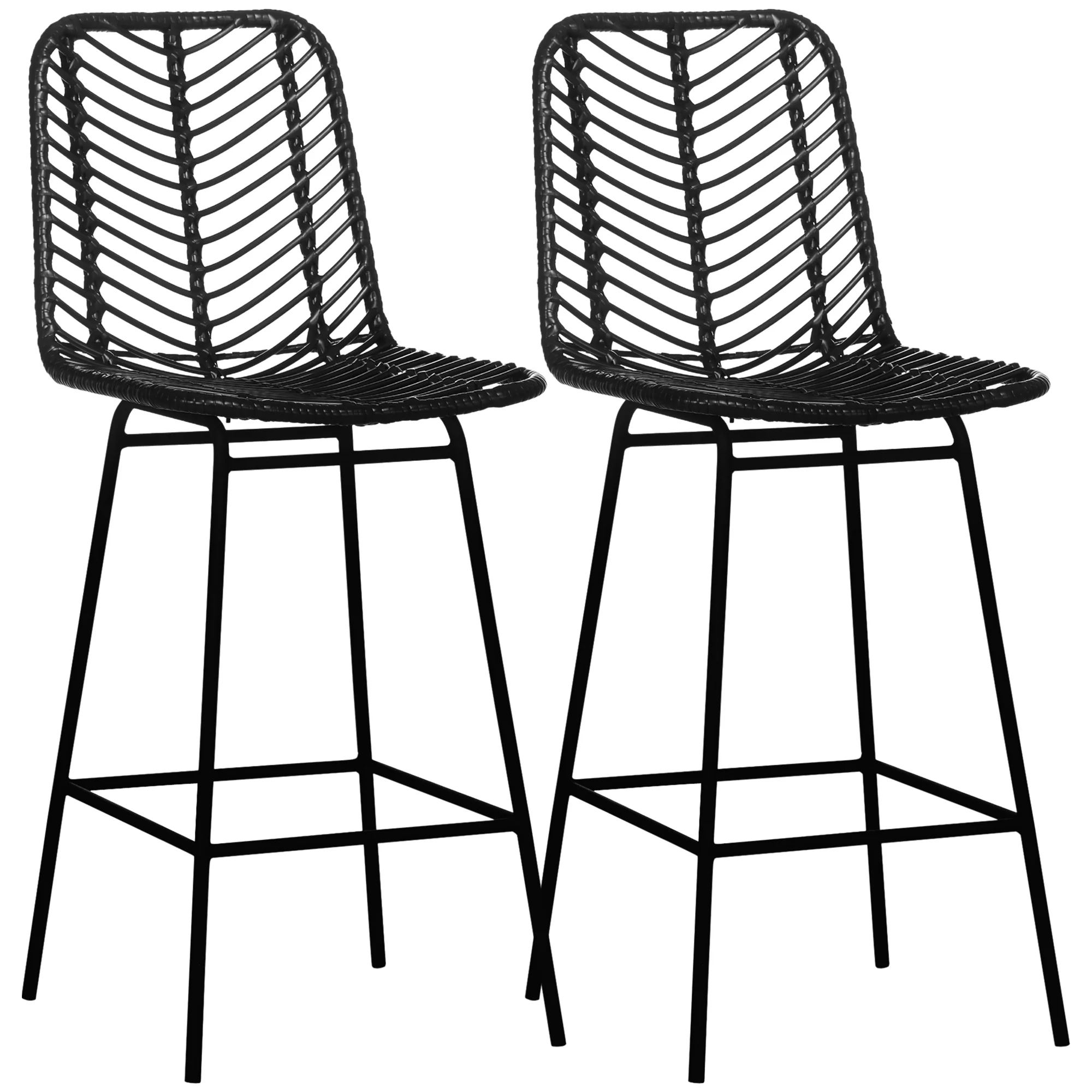 Lot de 2 tabourets de bar chaise de bar design bohème Hauteur 66 cm avec repose-pieds métal et dossier cannage - noir - Image 11