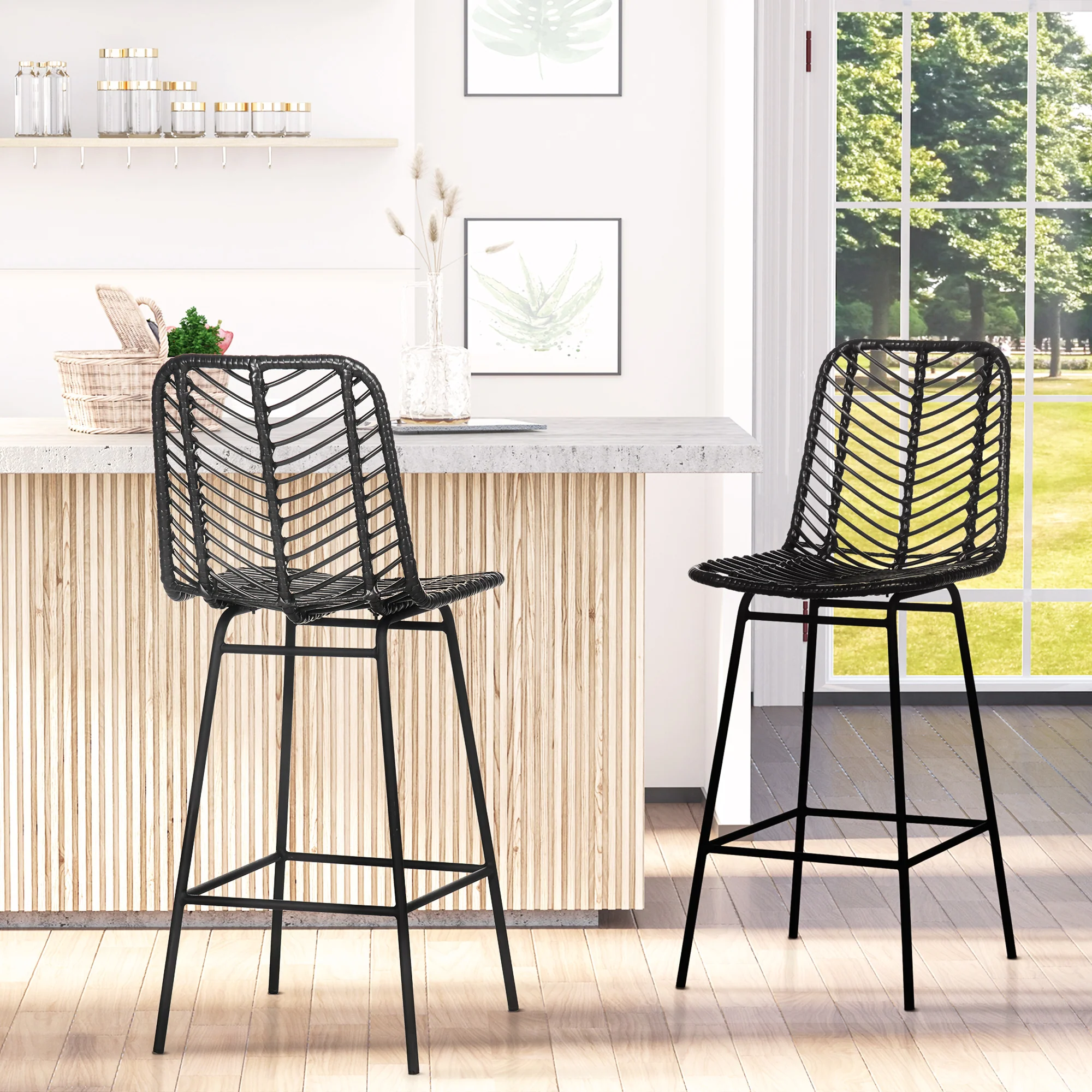 Lot de 2 tabourets de bar chaise de bar design bohème Hauteur 66 cm avec repose-pieds métal et dossier cannage - noir - Image 3