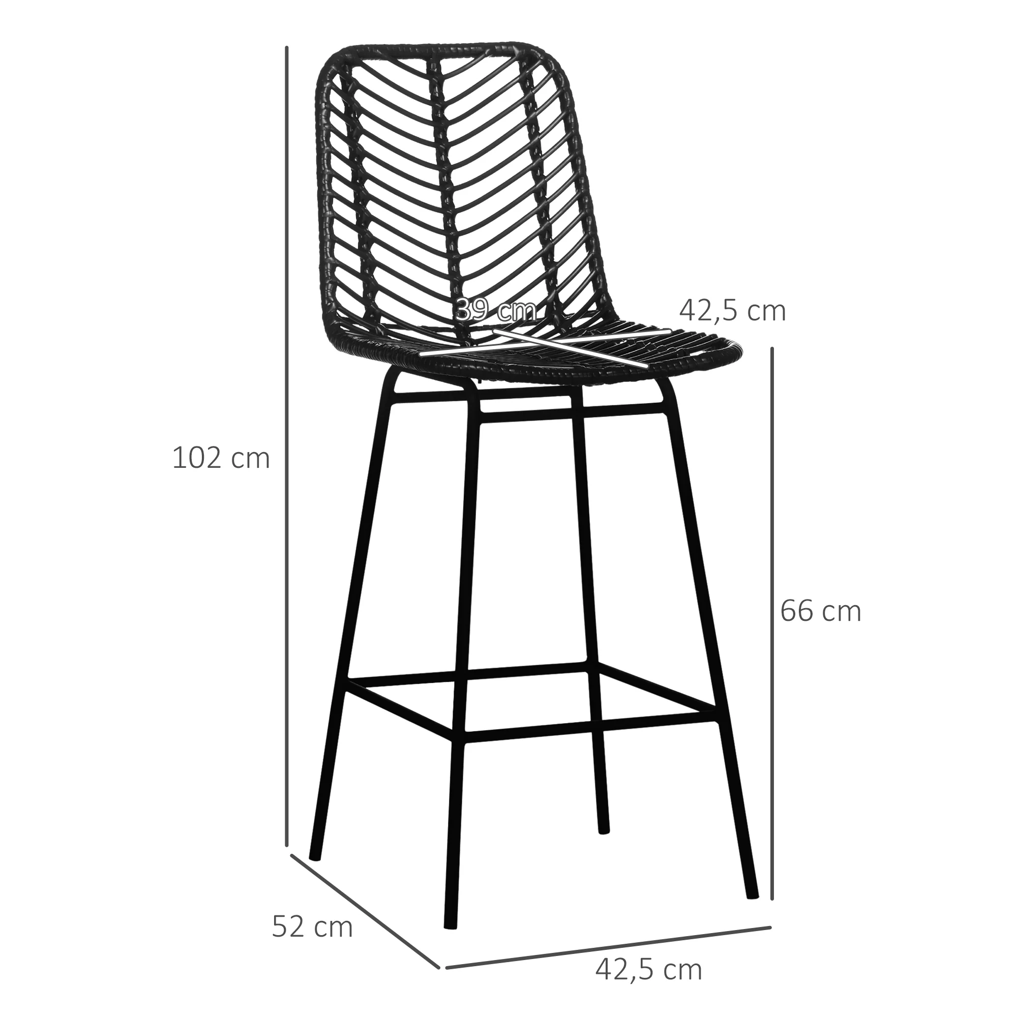 Lot de 2 tabourets de bar chaise de bar design bohème Hauteur 66 cm avec repose-pieds métal et dossier cannage - noir - Image 4