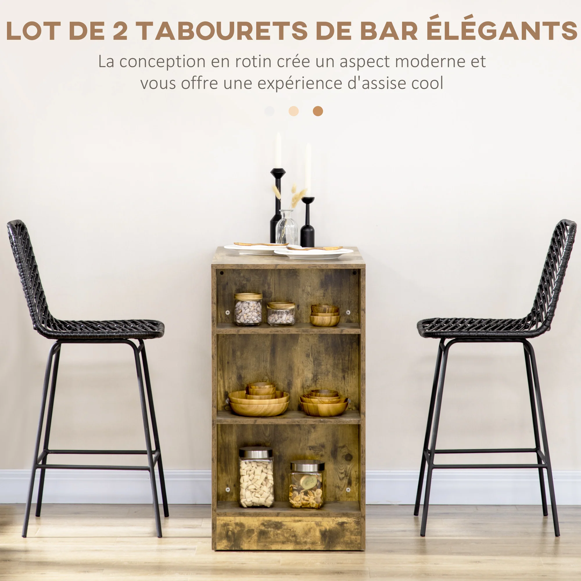 Lot de 2 tabourets de bar chaise de bar design bohème Hauteur 66 cm avec repose-pieds métal et dossier cannage - noir - Image 5