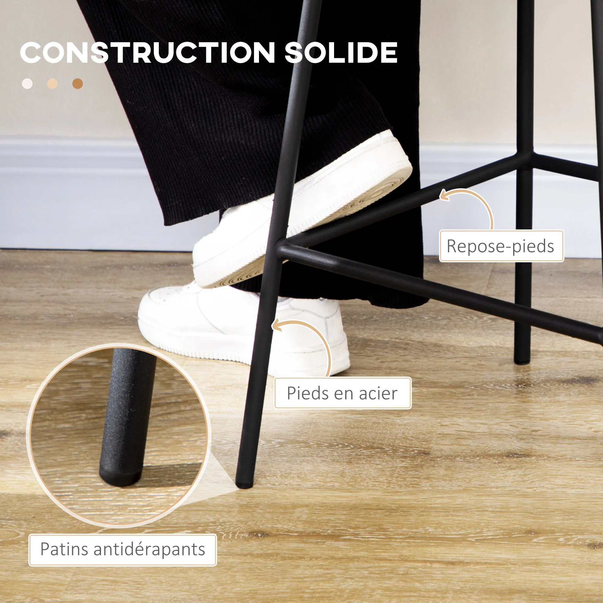 Lot de 2 tabourets de bar chaise de bar design bohème Hauteur 66 cm avec repose-pieds métal et dossier cannage - noir - Image 6