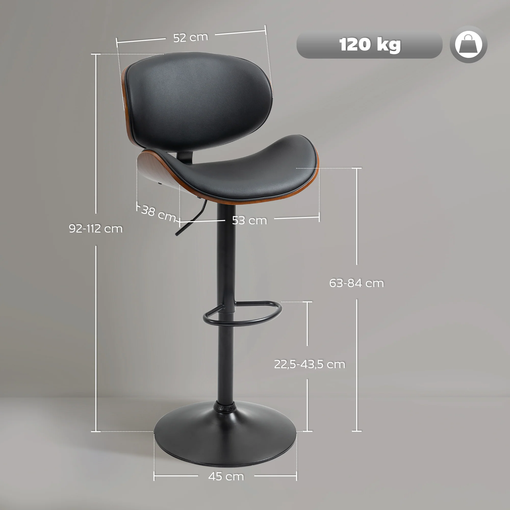 Lot de 2 tabourets de bar chaise de cuisine avec dossier revêtement synthétique hauteur réglable pivotant repose-pied noir - Image 4