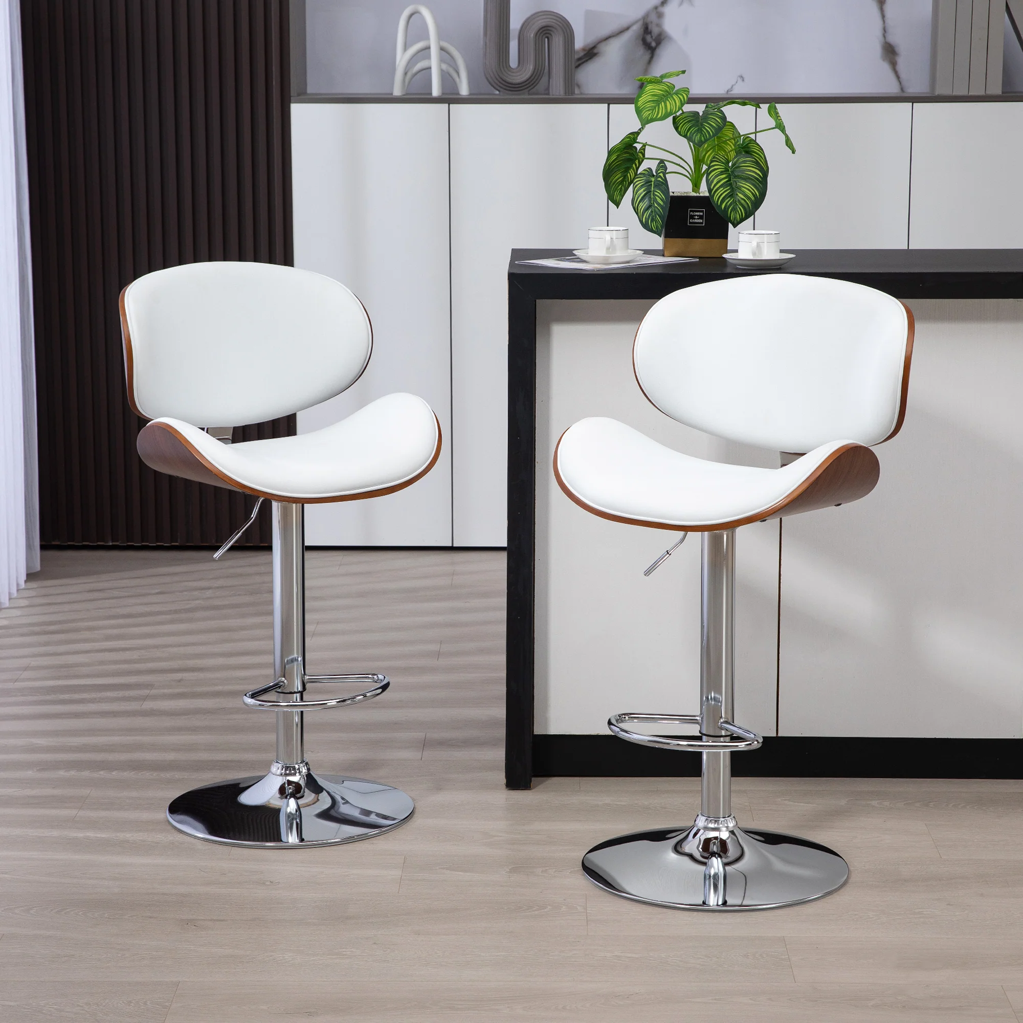 Lot de 2 tabourets de bar chaise de cuisine avec dossier revêtement synthétique hauteur réglable pivotant repose-pied blanc - Image 3