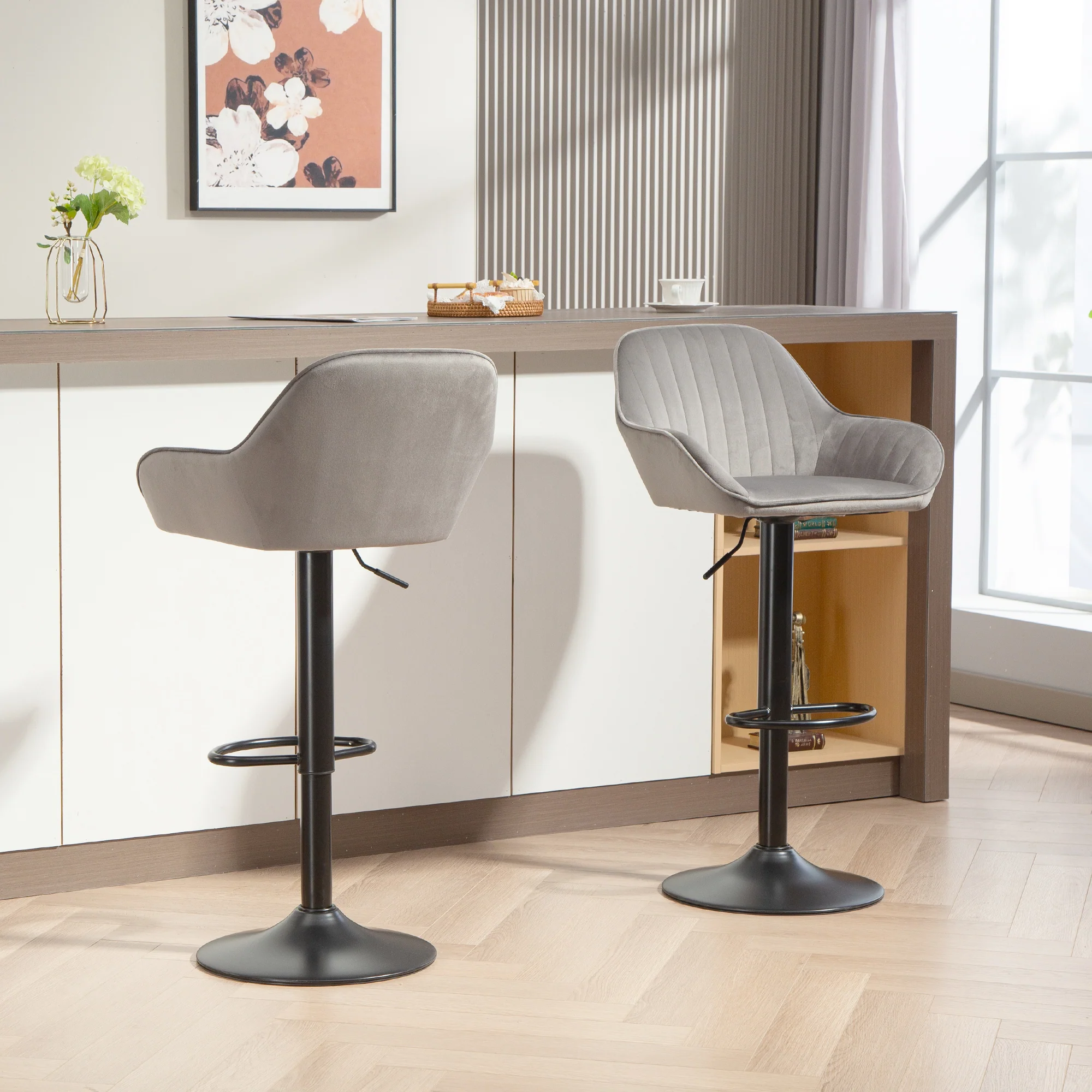 Lot de 2 tabourets de bar, chaises de bar en velours contemporain avec dossier et repose-pieds, chaise haute cuisine réglable en hauteur et pivotante à 360°, pour cuisine, comptoir, gris - Image 10