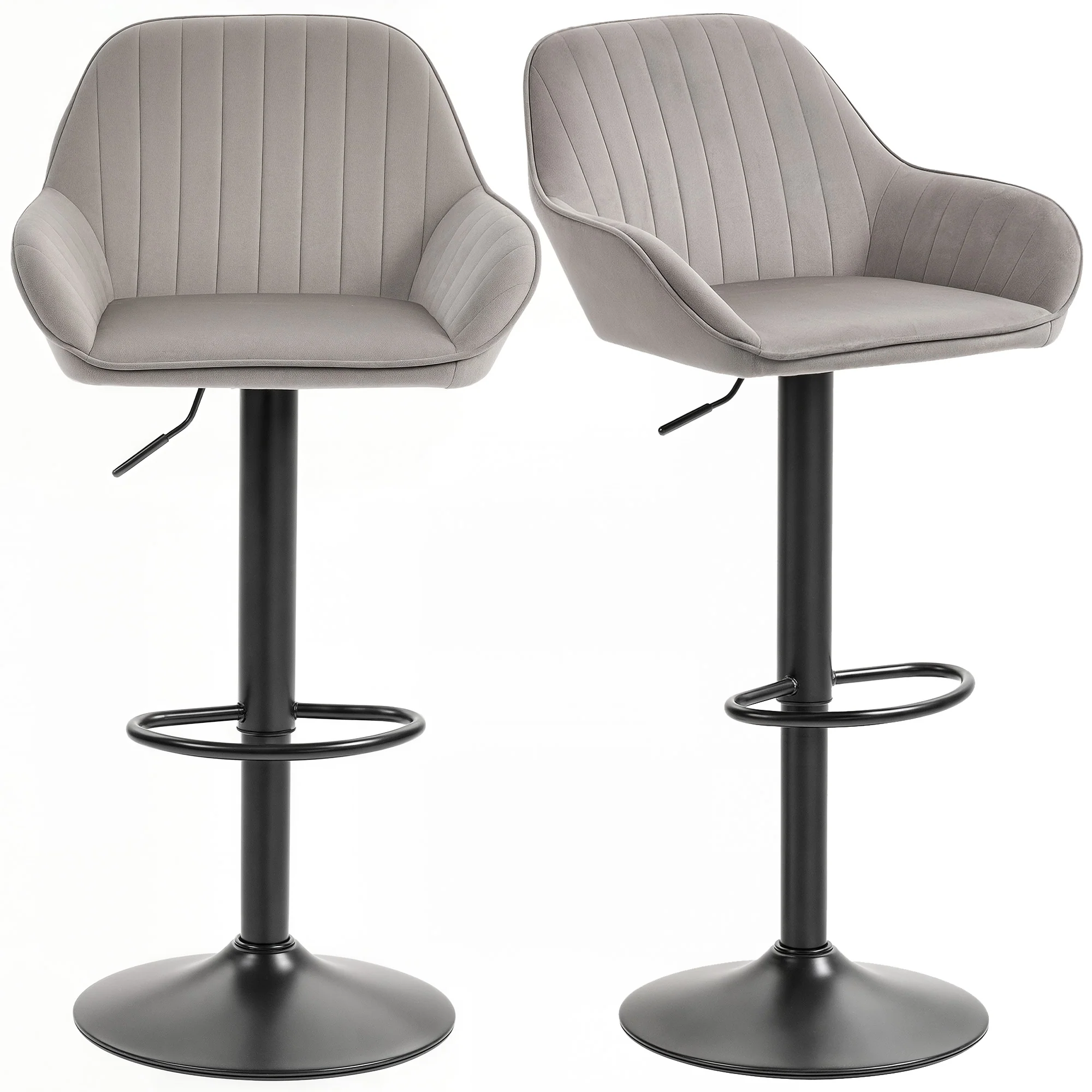 Lot de 2 tabourets de bar, chaises de bar en velours contemporain avec dossier et repose-pieds, chaise haute cuisine réglable en hauteur et pivotante à 360°, pour cuisine, comptoir, gris - Image 11