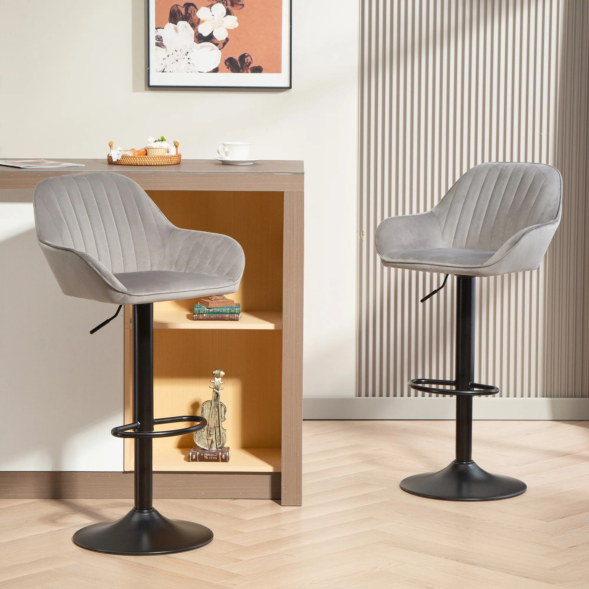 Lot de 2 tabourets de bar, chaises de bar en velours contemporain avec dossier et repose-pieds, chaise haute cuisine réglable en hauteur et pivotante à 360°, pour cuisine, comptoir, gris - Image 3