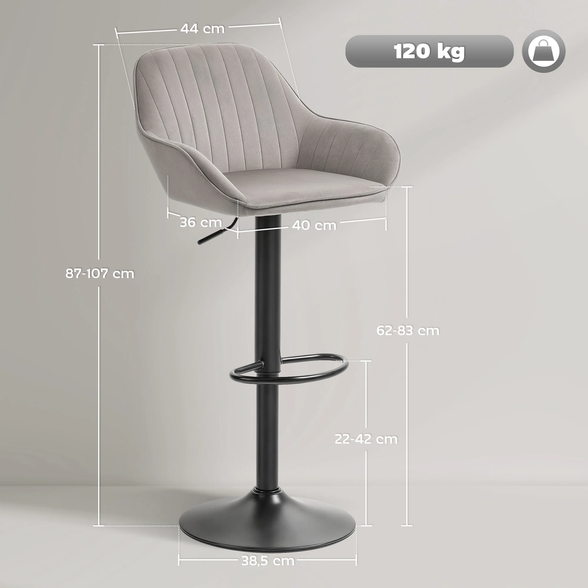 Lot de 2 tabourets de bar, chaises de bar en velours contemporain avec dossier et repose-pieds, chaise haute cuisine réglable en hauteur et pivotante à 360°, pour cuisine, comptoir, gris - Image 4