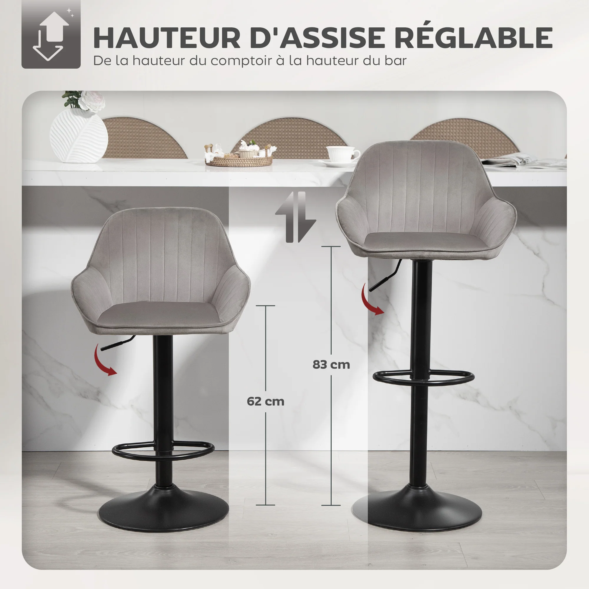 Lot de 2 tabourets de bar, chaises de bar en velours contemporain avec dossier et repose-pieds, chaise haute cuisine réglable en hauteur et pivotante à 360°, pour cuisine, comptoir, gris - Image 5