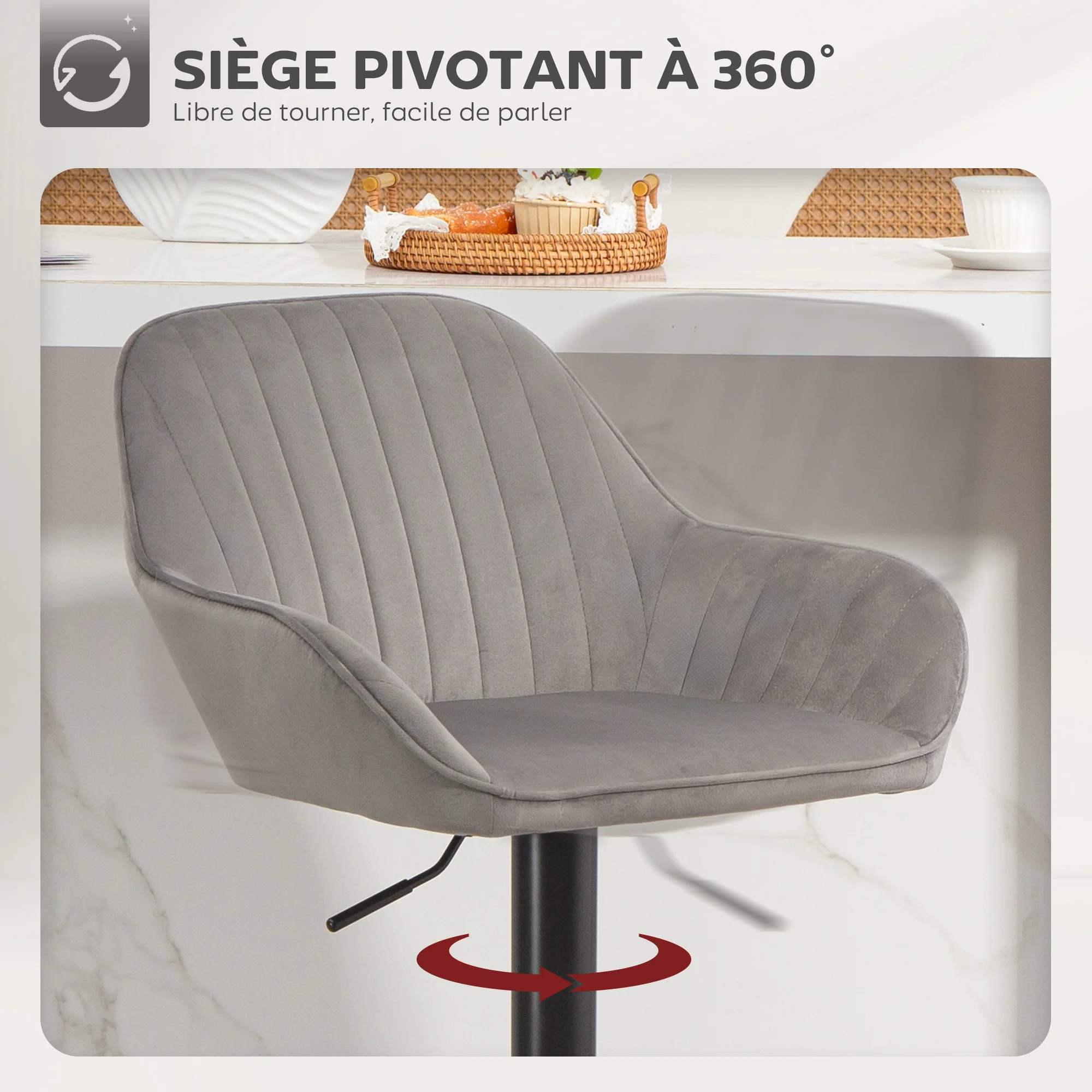 Lot de 2 tabourets de bar, chaises de bar en velours contemporain avec dossier et repose-pieds, chaise haute cuisine réglable en hauteur et pivotante à 360°, pour cuisine, comptoir, gris - Image 6