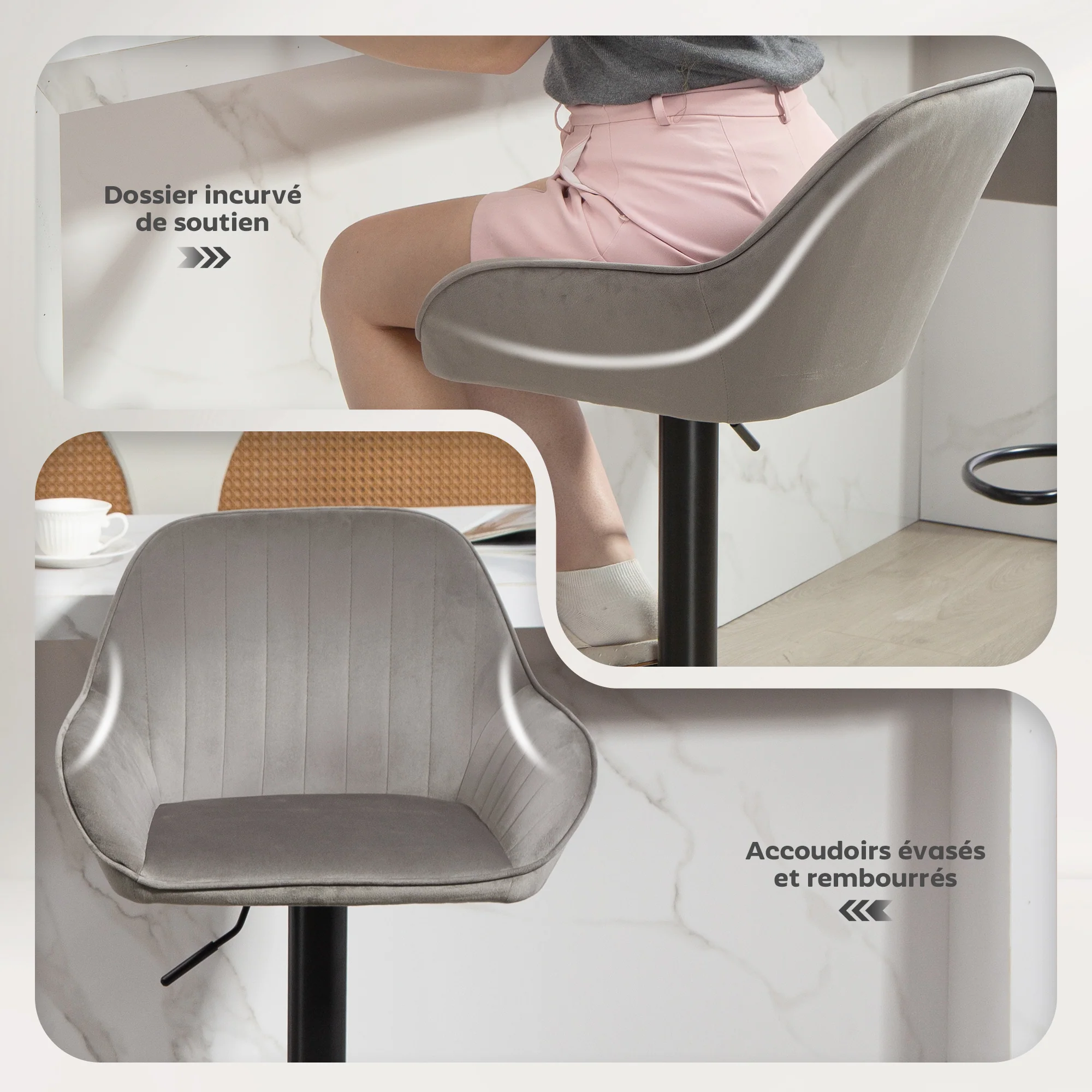 Lot de 2 tabourets de bar, chaises de bar en velours contemporain avec dossier et repose-pieds, chaise haute cuisine réglable en hauteur et pivotante à 360°, pour cuisine, comptoir, gris - Image 8