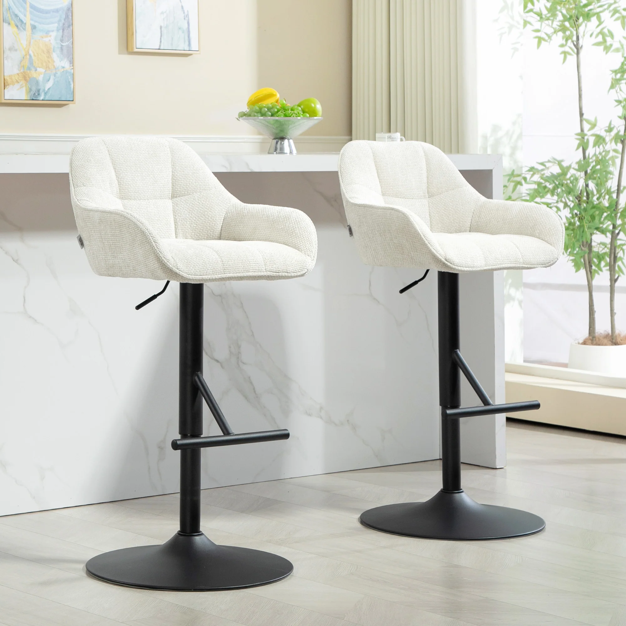 Lot de 2 tabourets de bar, chaises de bar, hauteur réglable, assise pivotante, avec dossier et repose-pieds, tissu effet lin et base en acier, pour cuisine, salle à manger, crème - Image 3
