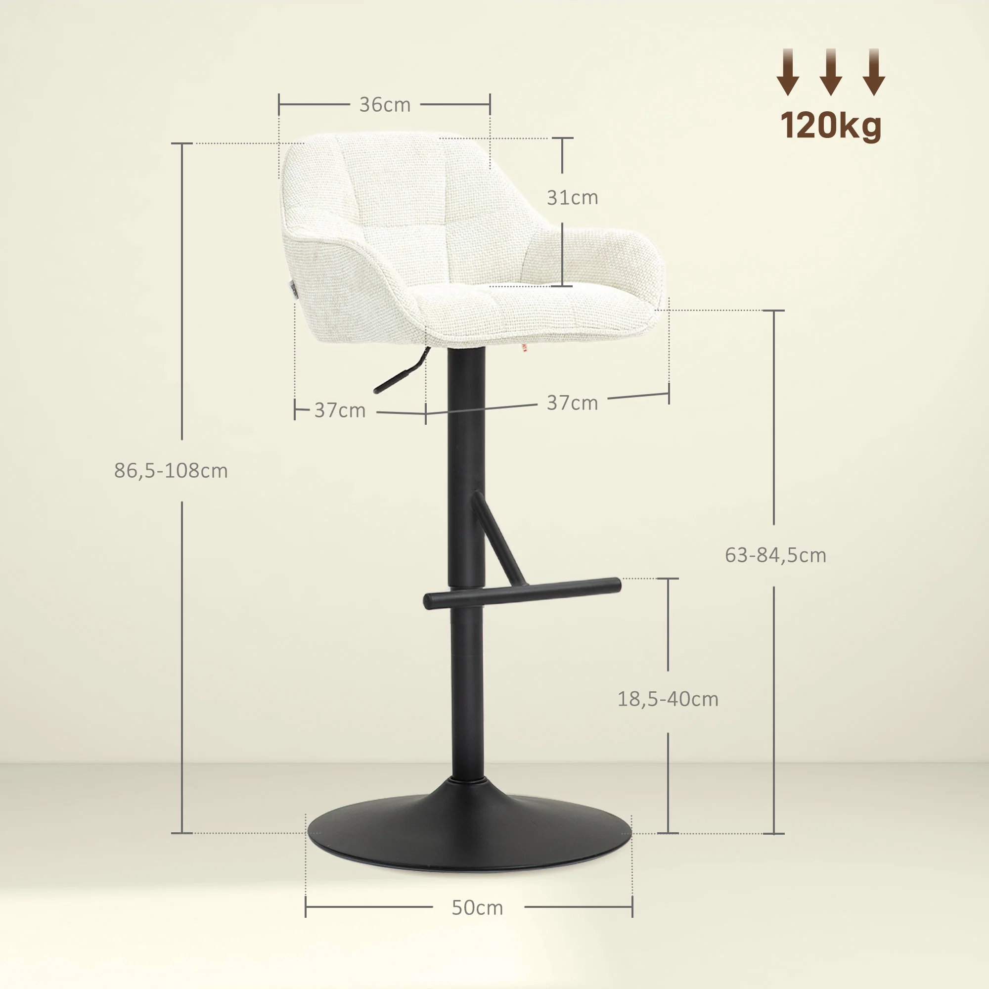 Lot de 2 tabourets de bar, chaises de bar, hauteur réglable, assise pivotante, avec dossier et repose-pieds, tissu effet lin et base en acier, pour cuisine, salle à manger, crème - Image 4