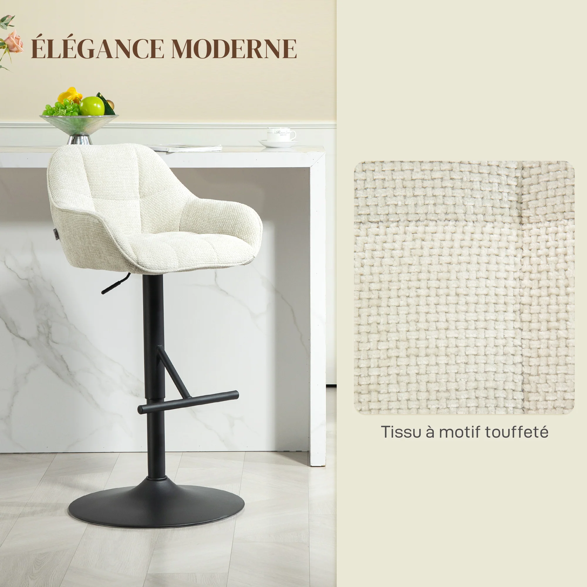 Lot de 2 tabourets de bar, chaises de bar, hauteur réglable, assise pivotante, avec dossier et repose-pieds, tissu effet lin et base en acier, pour cuisine, salle à manger, crème - Image 5