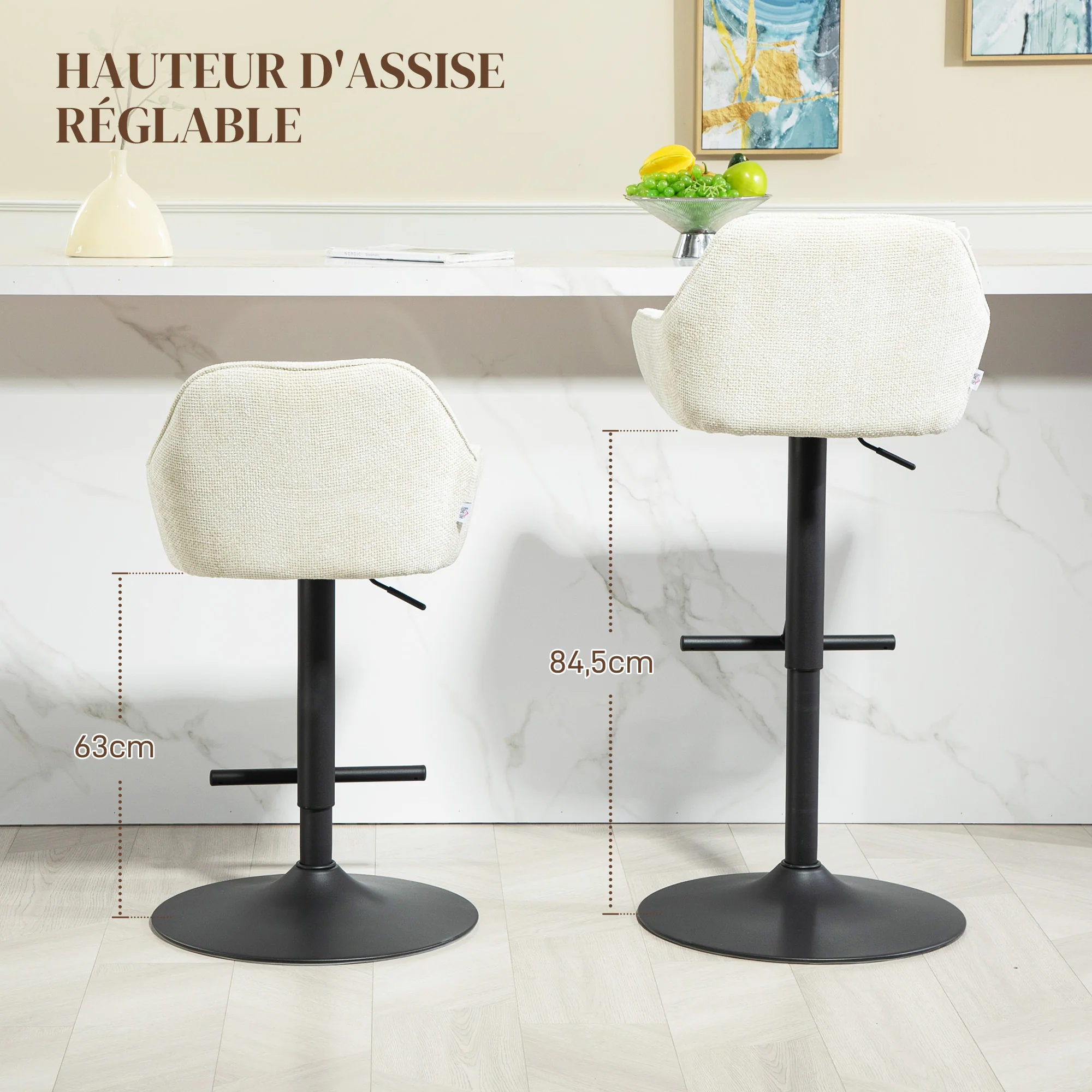 Lot de 2 tabourets de bar, chaises de bar, hauteur réglable, assise pivotante, avec dossier et repose-pieds, tissu effet lin et base en acier, pour cuisine, salle à manger, crème - Image 6
