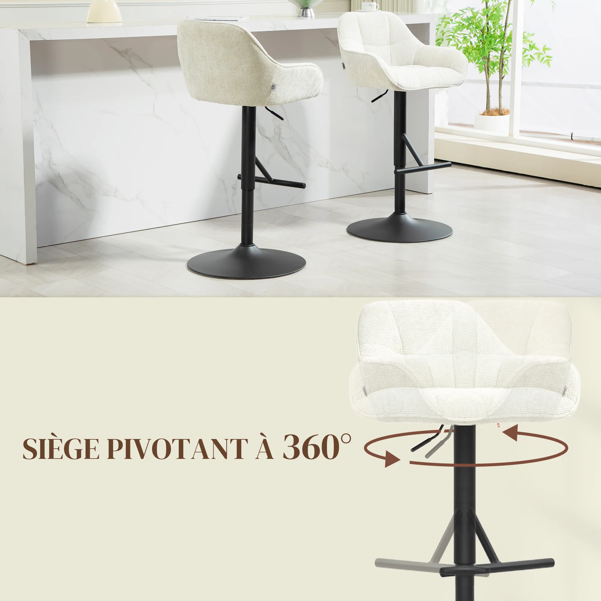 Lot de 2 tabourets de bar, chaises de bar, hauteur réglable, assise pivotante, avec dossier et repose-pieds, tissu effet lin et base en acier, pour cuisine, salle à manger, crème - Image 7