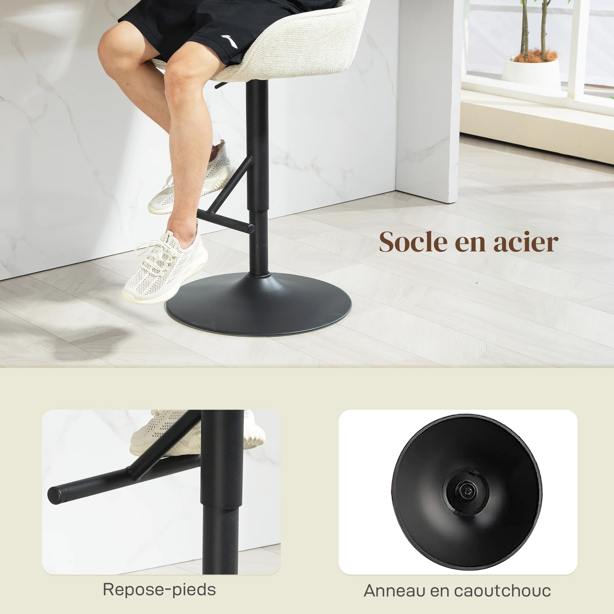 Lot de 2 tabourets de bar, chaises de bar, hauteur réglable, assise pivotante, avec dossier et repose-pieds, tissu effet lin et base en acier, pour cuisine, salle à manger, crème - Image 9