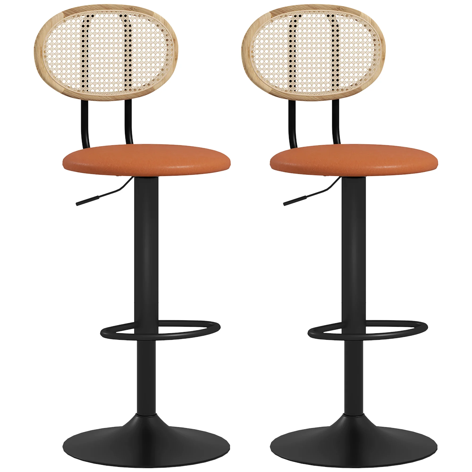 Lot de 2 tabourets de bar chaises de bar hauteur réglable avec dossier en rotin et repose-pieds, tabouret haut moderne, structure bois revêtement synthétique marron - Image 11