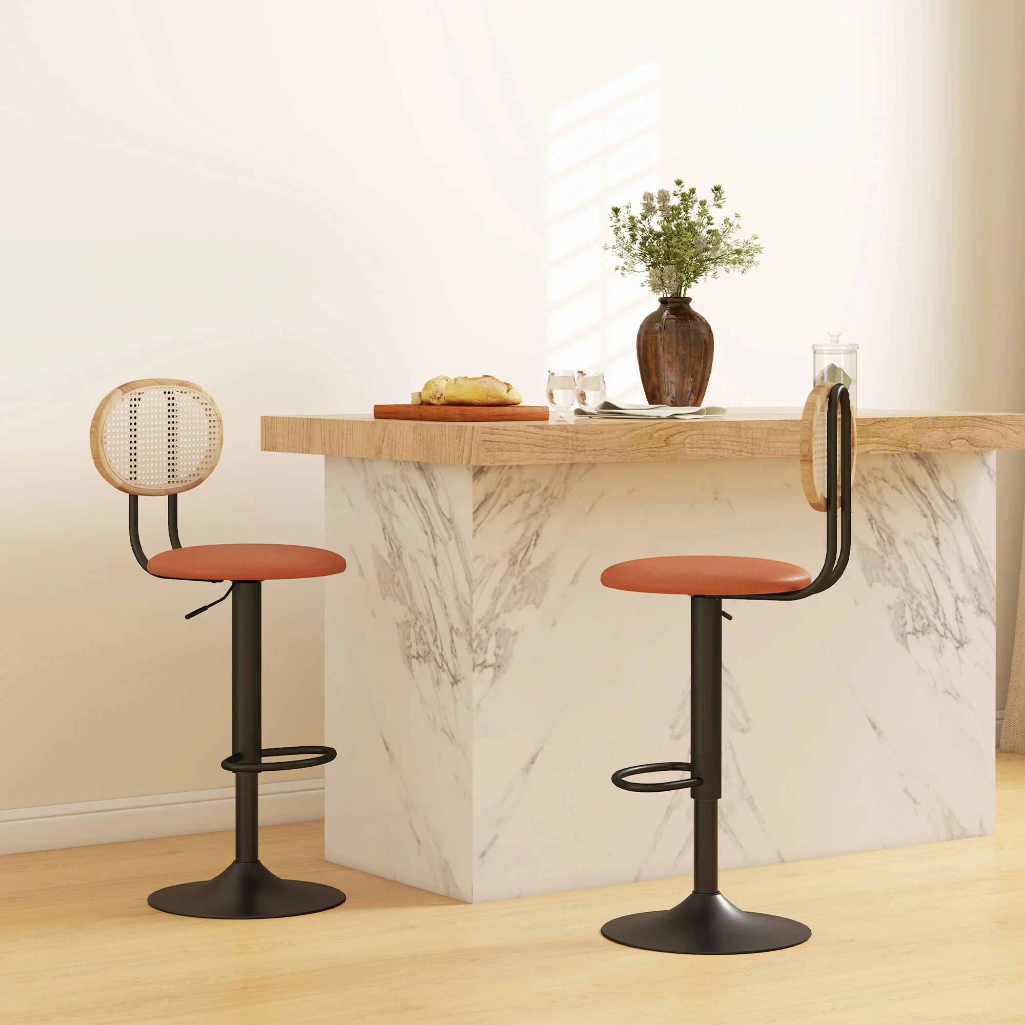 Lot de 2 tabourets de bar chaises de bar hauteur réglable avec dossier en rotin et repose-pieds, tabouret haut moderne, structure bois revêtement synthétique marron - Image 3