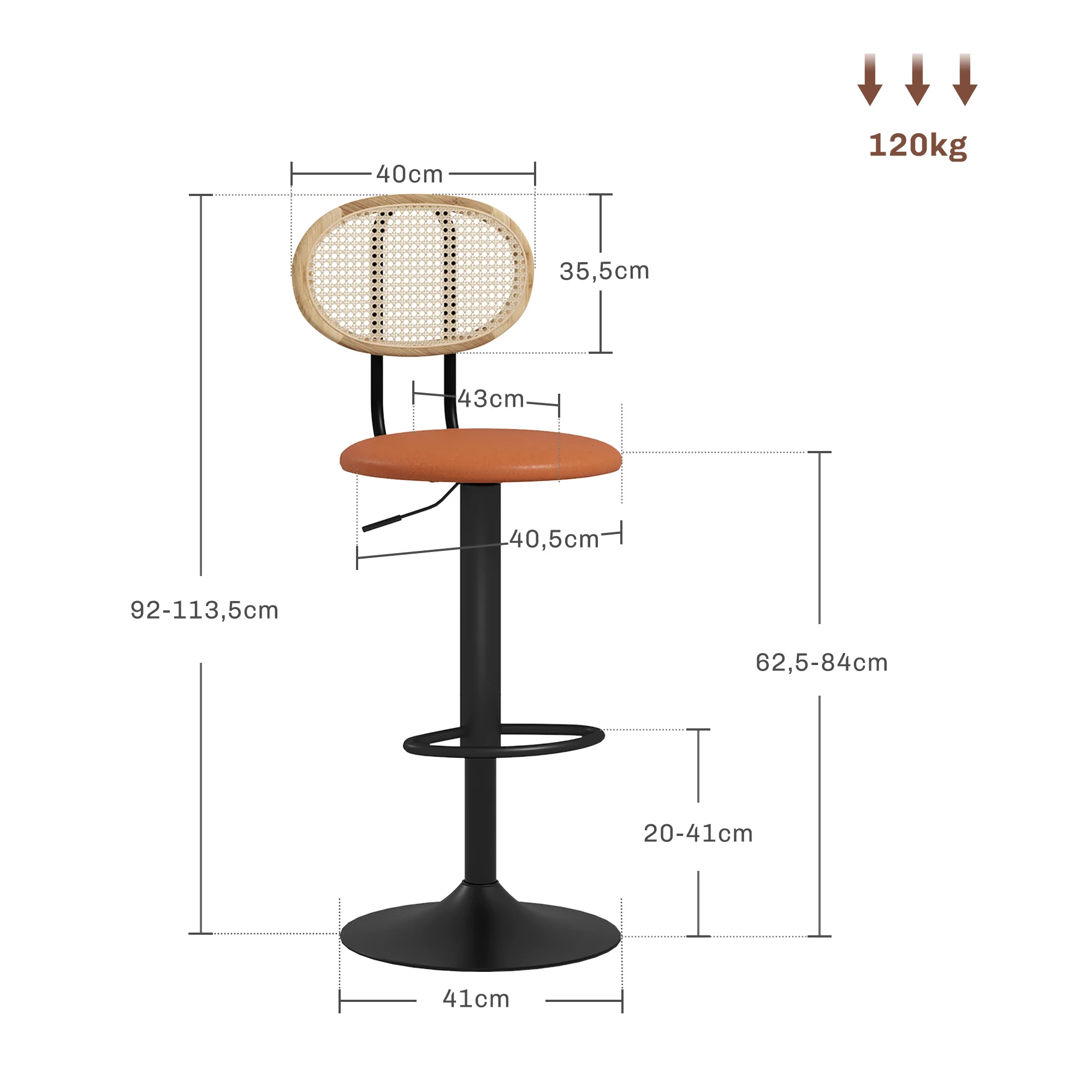 Lot de 2 tabourets de bar chaises de bar hauteur réglable avec dossier en rotin et repose-pieds, tabouret haut moderne, structure bois revêtement synthétique marron - Image 4
