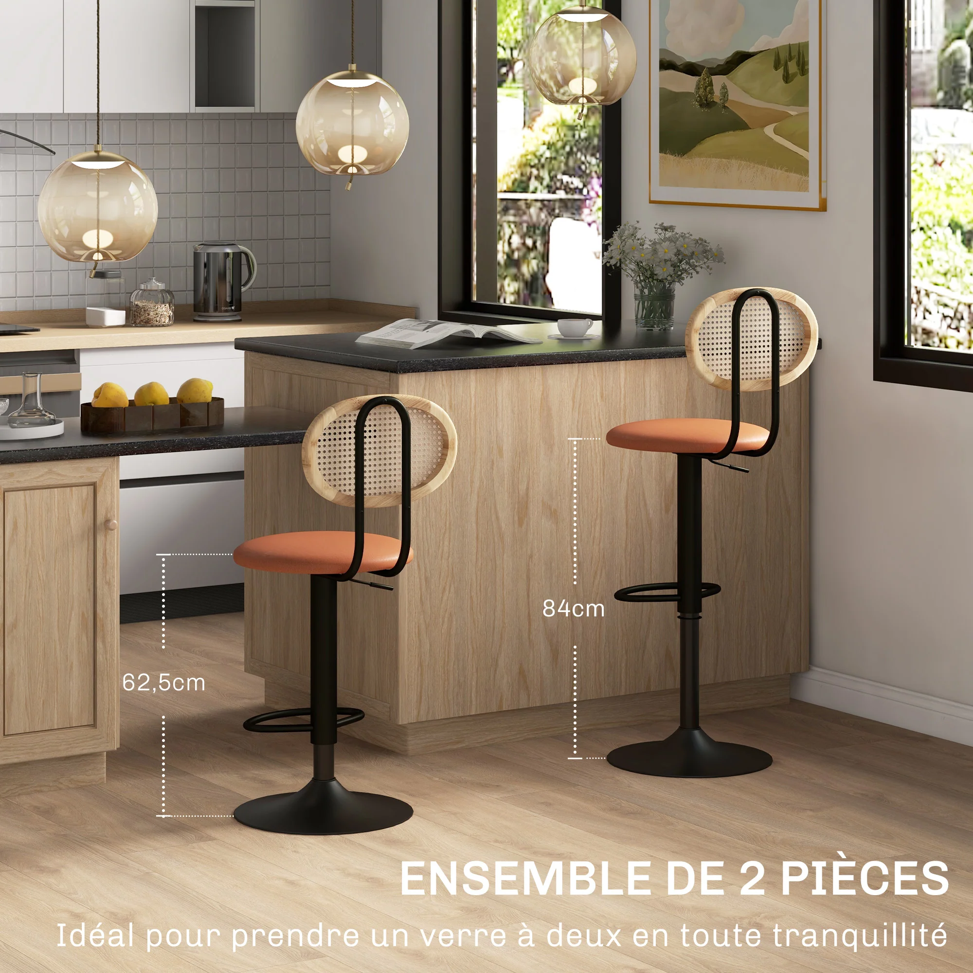 Lot de 2 tabourets de bar chaises de bar hauteur réglable avec dossier en rotin et repose-pieds, tabouret haut moderne, structure bois revêtement synthétique marron - Image 5