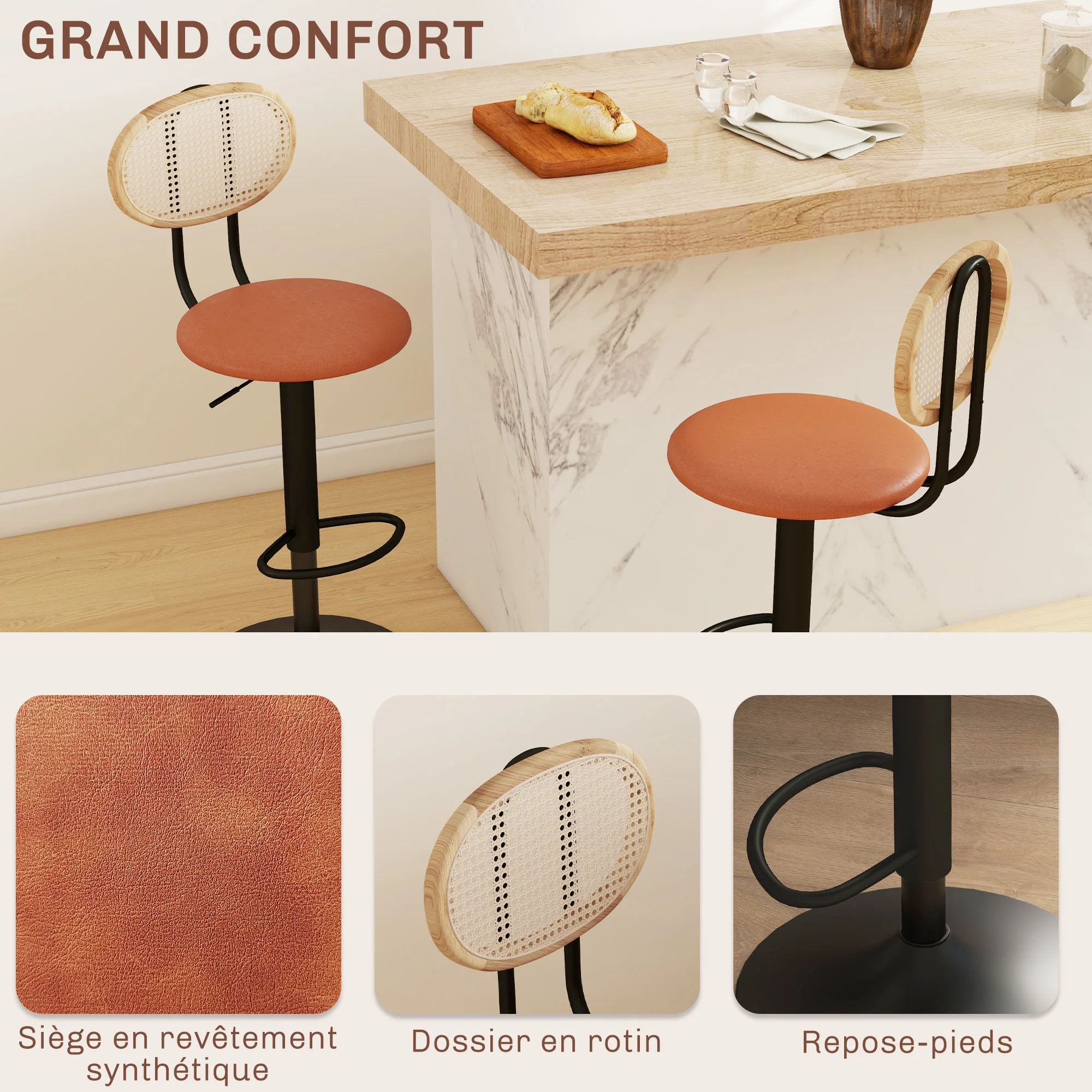 Lot de 2 tabourets de bar chaises de bar hauteur réglable avec dossier en rotin et repose-pieds, tabouret haut moderne, structure bois revêtement synthétique marron - Image 6