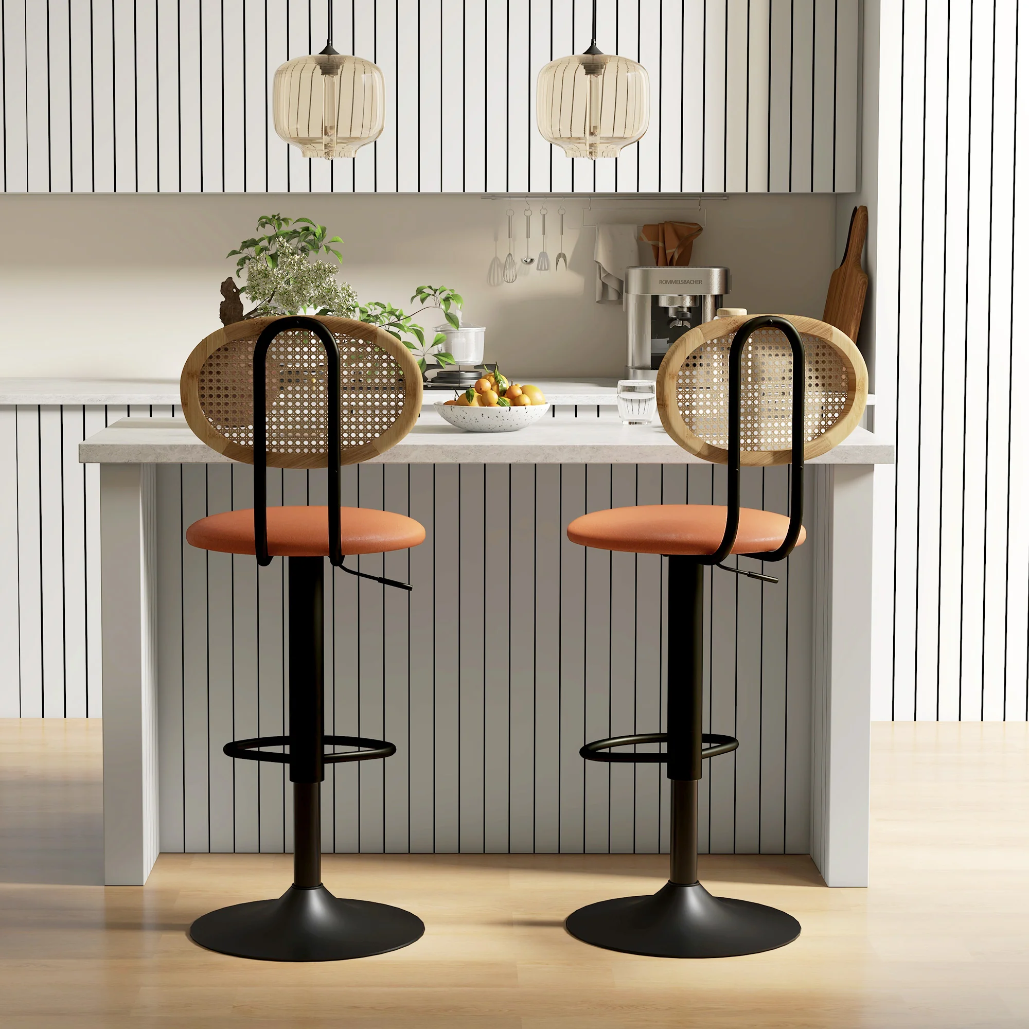 Lot de 2 tabourets de bar chaises de bar hauteur réglable avec dossier en rotin et repose-pieds, tabouret haut moderne, structure bois revêtement synthétique marron - Image 8