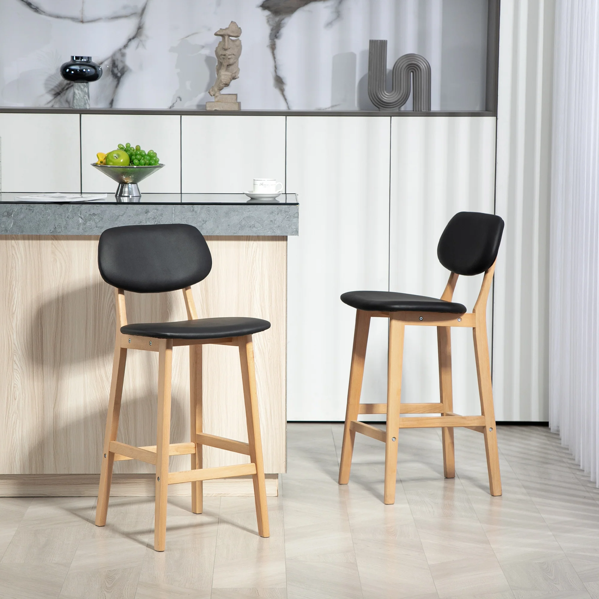 Lot de 2 tabourets de bar, chaises de bar modernes rembourré, assise 65 cm, dossier, repose-pieds et pieds en bois, tabourets de cuisine en cuir synthétique, pour salle à manger, cuisine, noir - Image 3