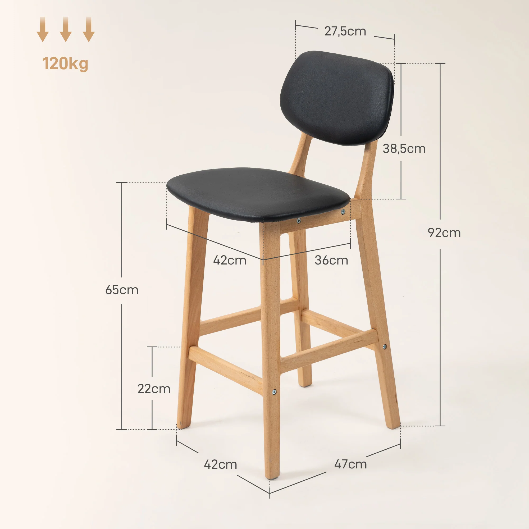 Lot de 2 tabourets de bar, chaises de bar modernes rembourré, assise 65 cm, dossier, repose-pieds et pieds en bois, tabourets de cuisine en cuir synthétique, pour salle à manger, cuisine, noir - Image 4