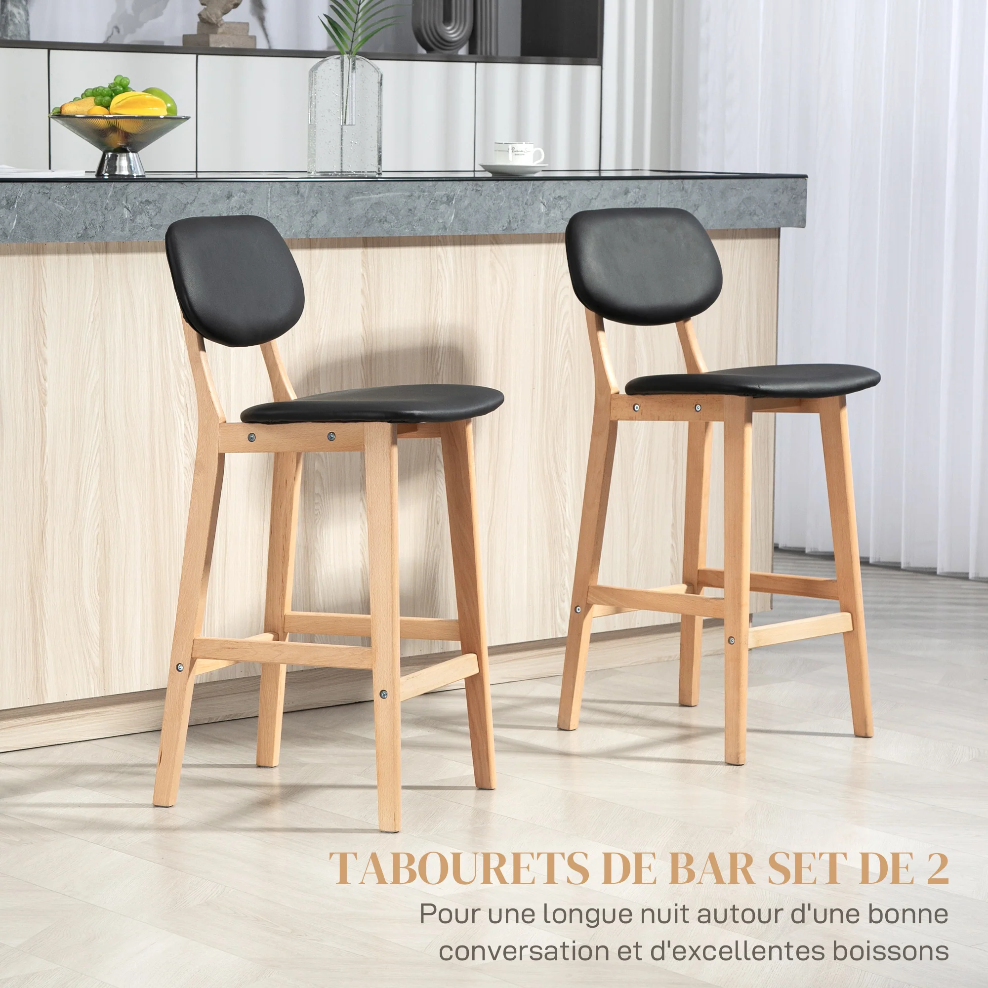 Lot de 2 tabourets de bar, chaises de bar modernes rembourré, assise 65 cm, dossier, repose-pieds et pieds en bois, tabourets de cuisine en cuir synthétique, pour salle à manger, cuisine, noir - Image 5