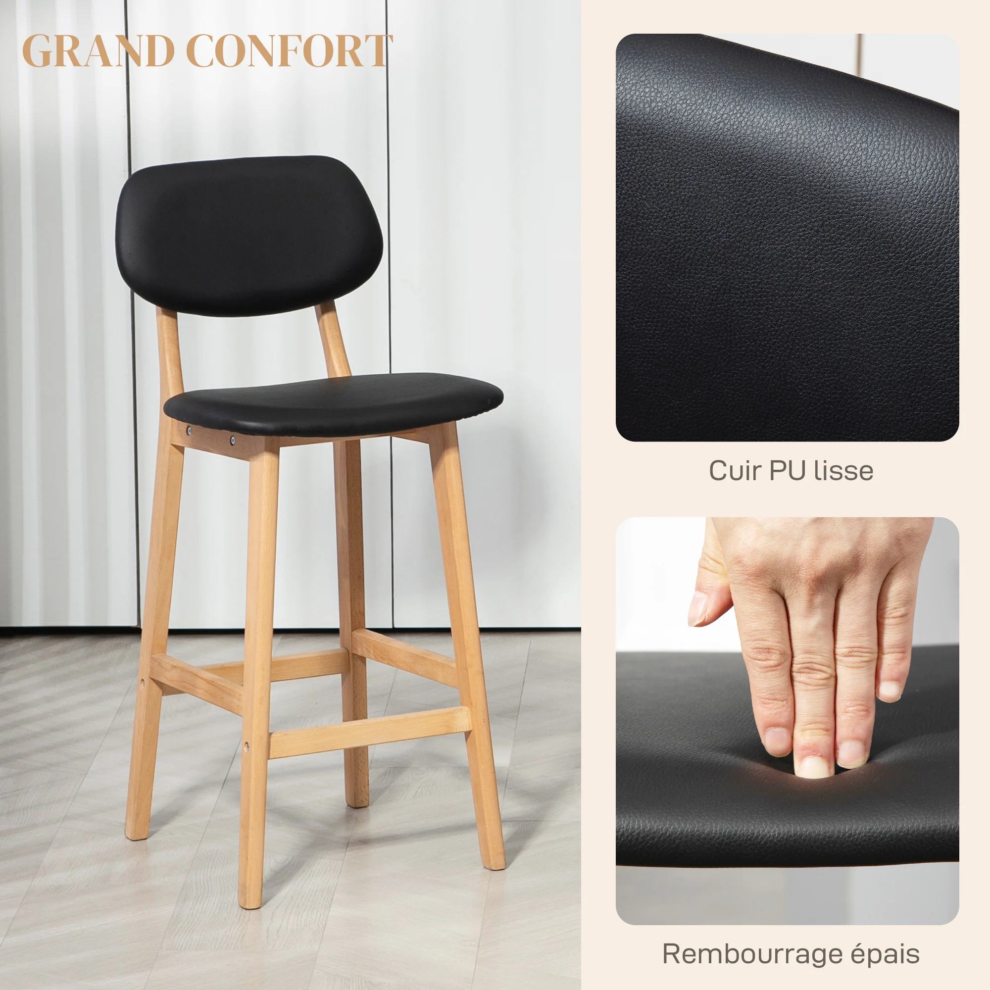 Lot de 2 tabourets de bar, chaises de bar modernes rembourré, assise 65 cm, dossier, repose-pieds et pieds en bois, tabourets de cuisine en cuir synthétique, pour salle à manger, cuisine, noir - Image 6