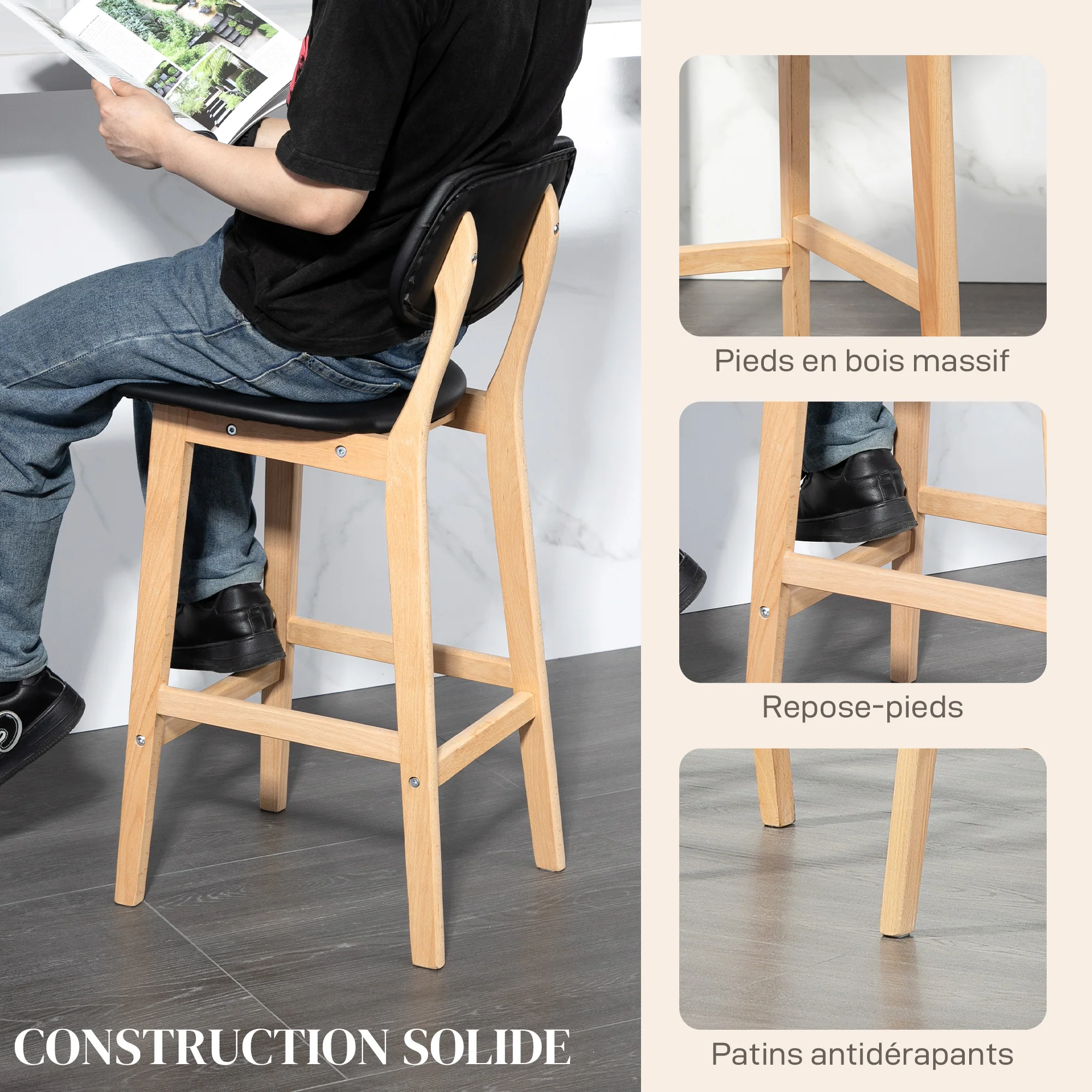 Lot de 2 tabourets de bar, chaises de bar modernes rembourré, assise 65 cm, dossier, repose-pieds et pieds en bois, tabourets de cuisine en cuir synthétique, pour salle à manger, cuisine, noir - Image 7